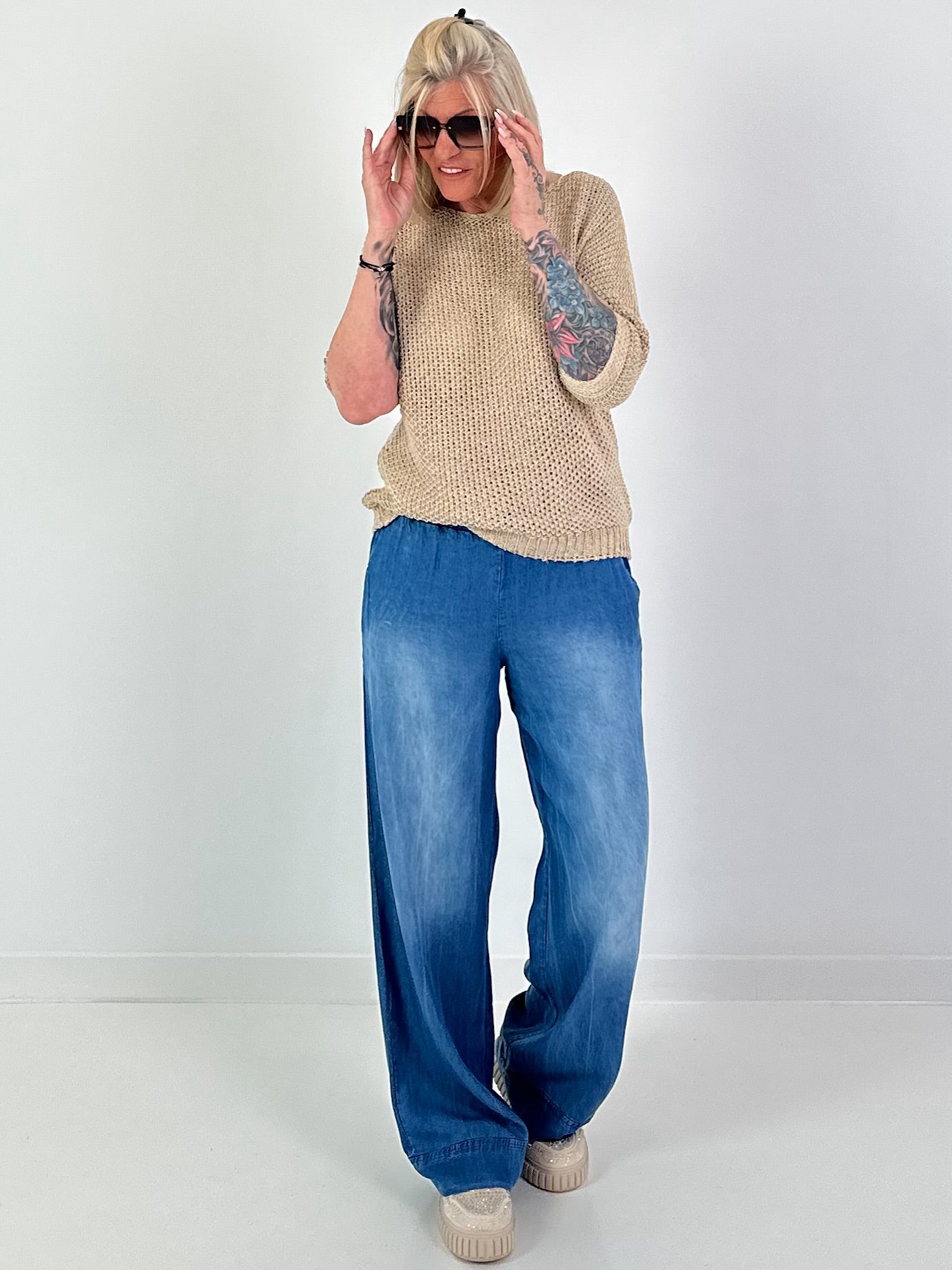 Häkelpulli mit eingearbeiteten Pailletten - beige