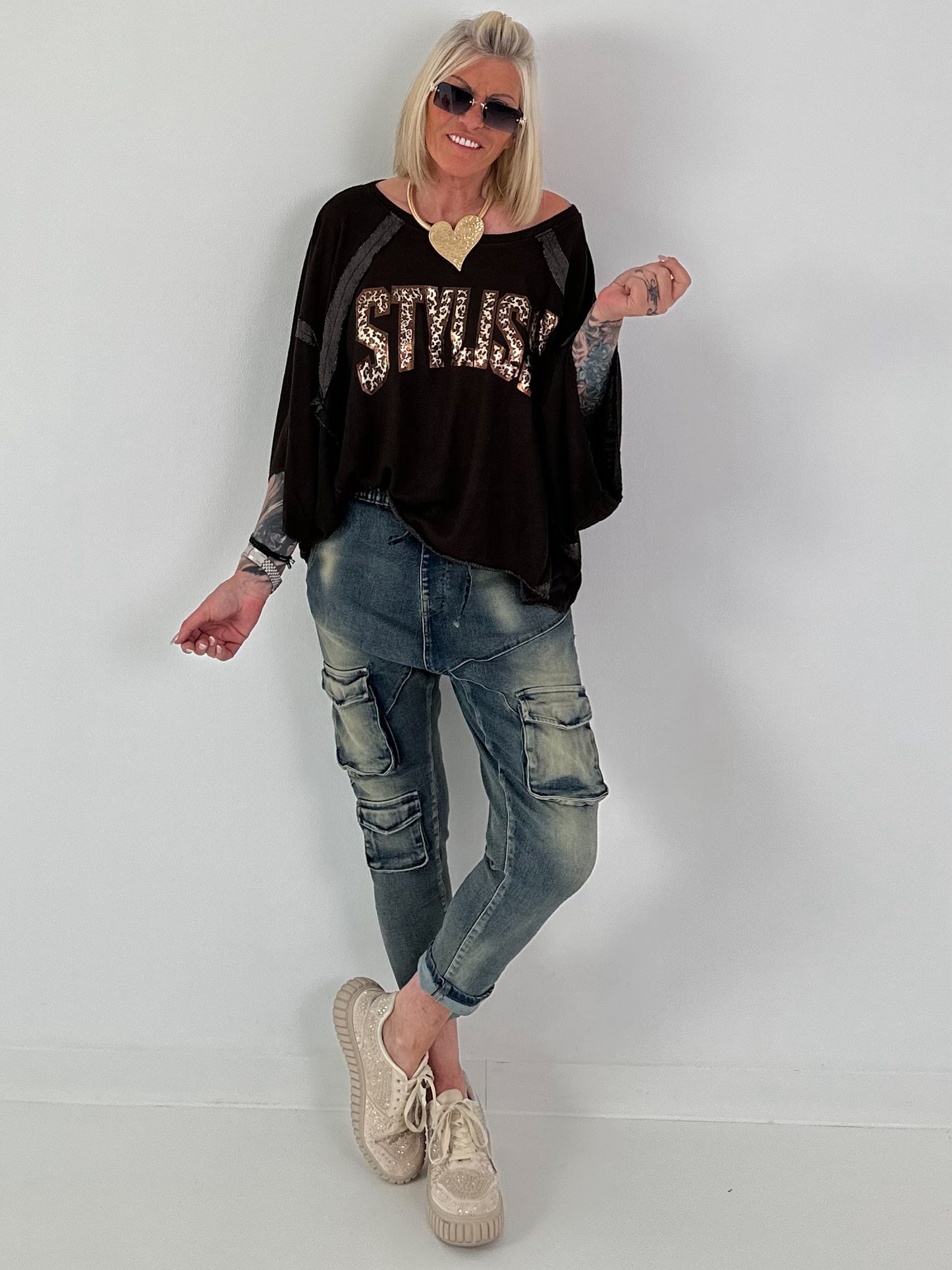 Strick Shirt mit Leo-Print - mokka