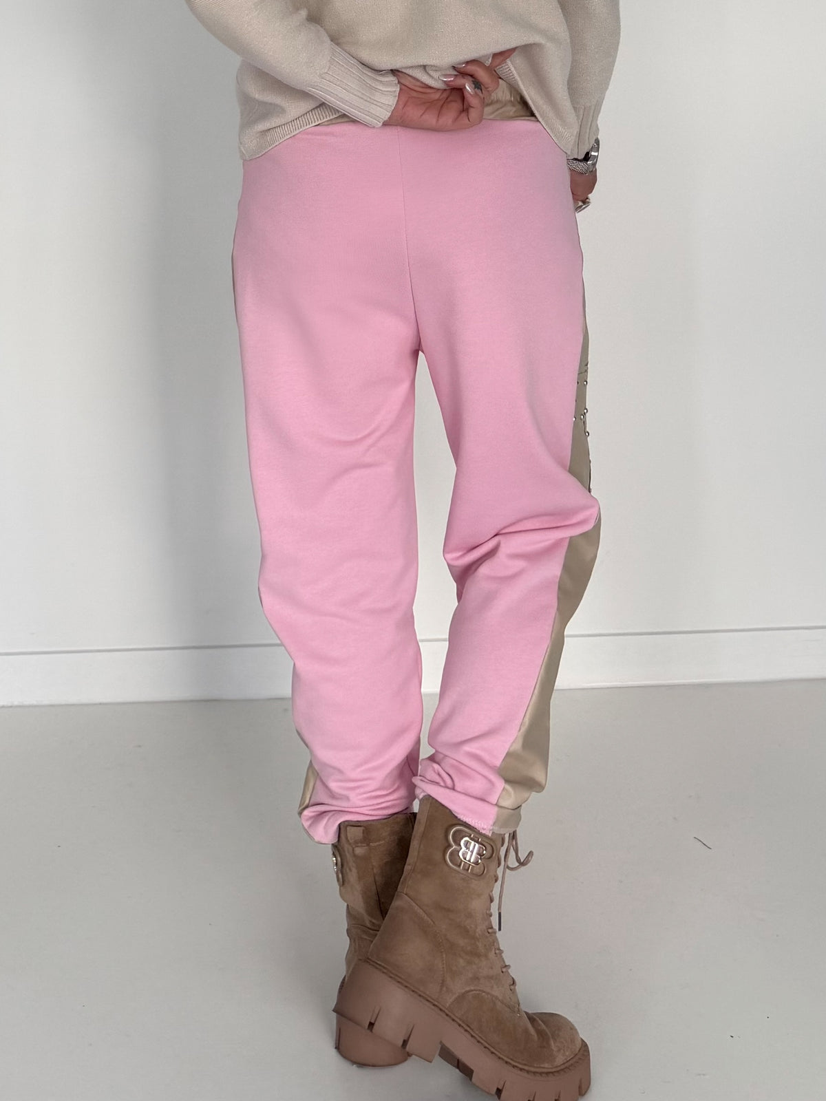 Sweathose im Materialmix - rosa-beige