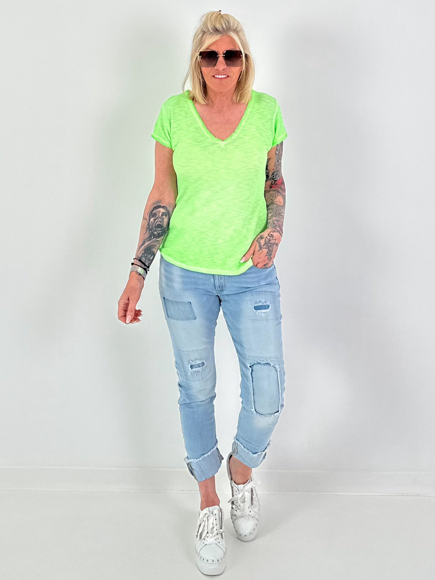 Ribbed T-shirt with fringe - neon green