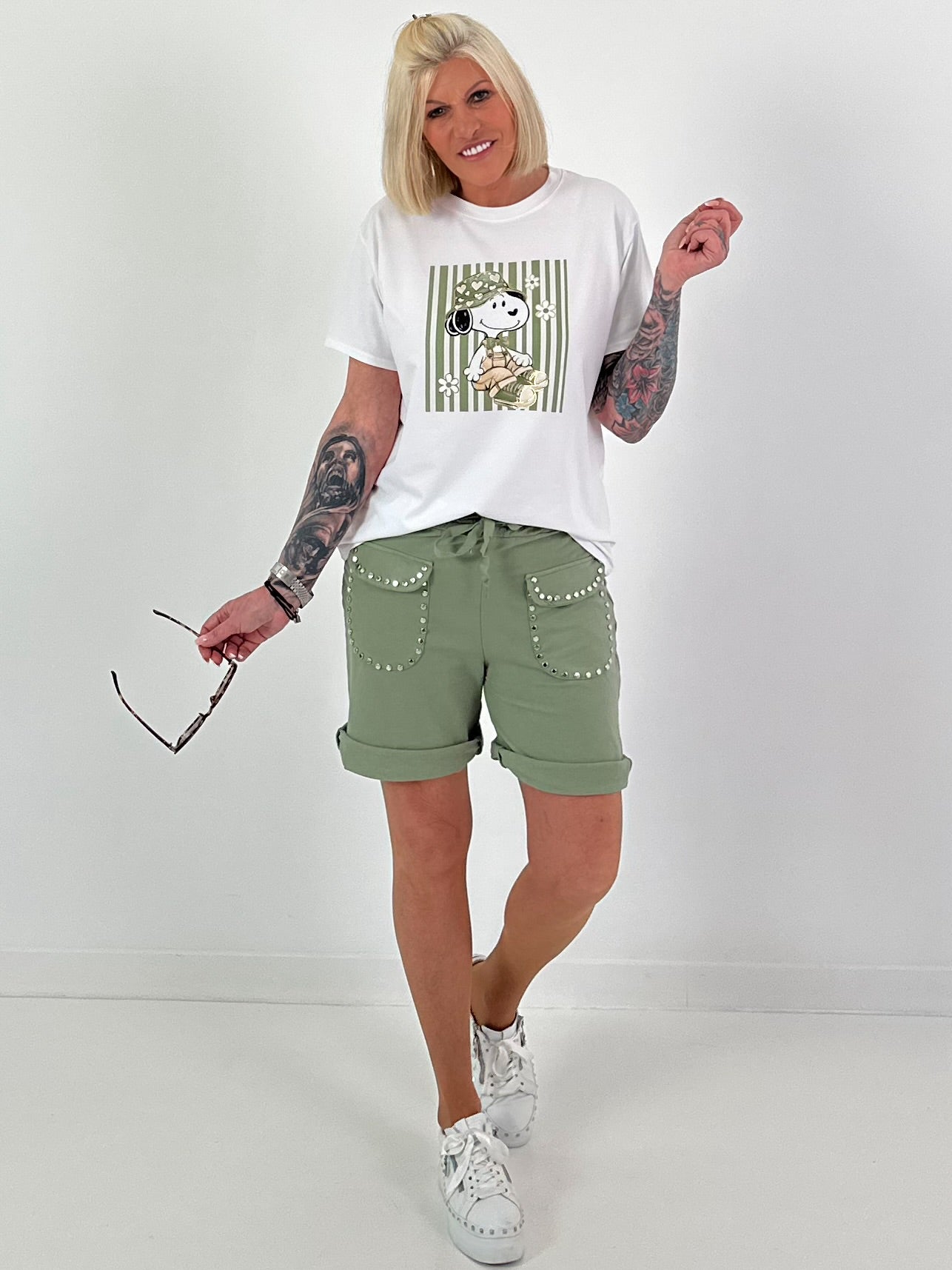 T-shirt met comicprint op de voorkant - wit-khaki