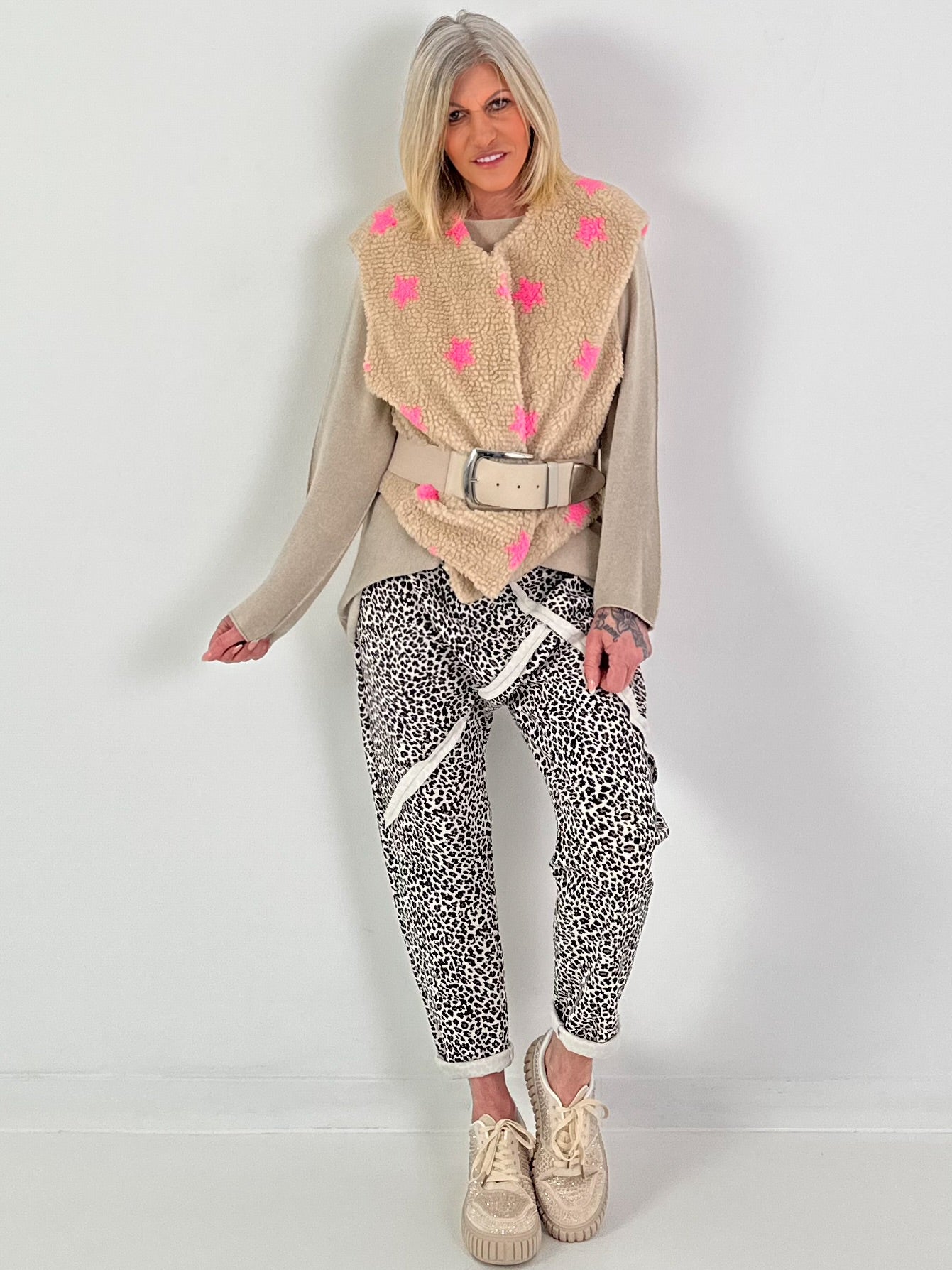 Teddy Weste mit Sternen - beige-pink