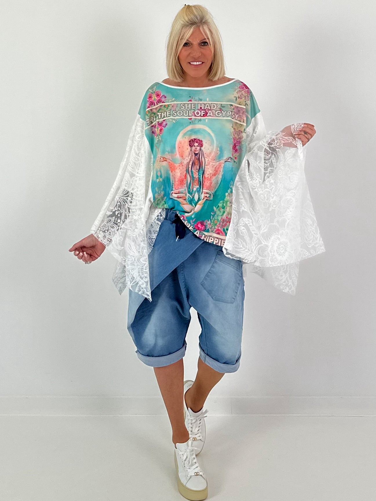 Shirt met print en kanten overlay - turquoise-wit-multicolor