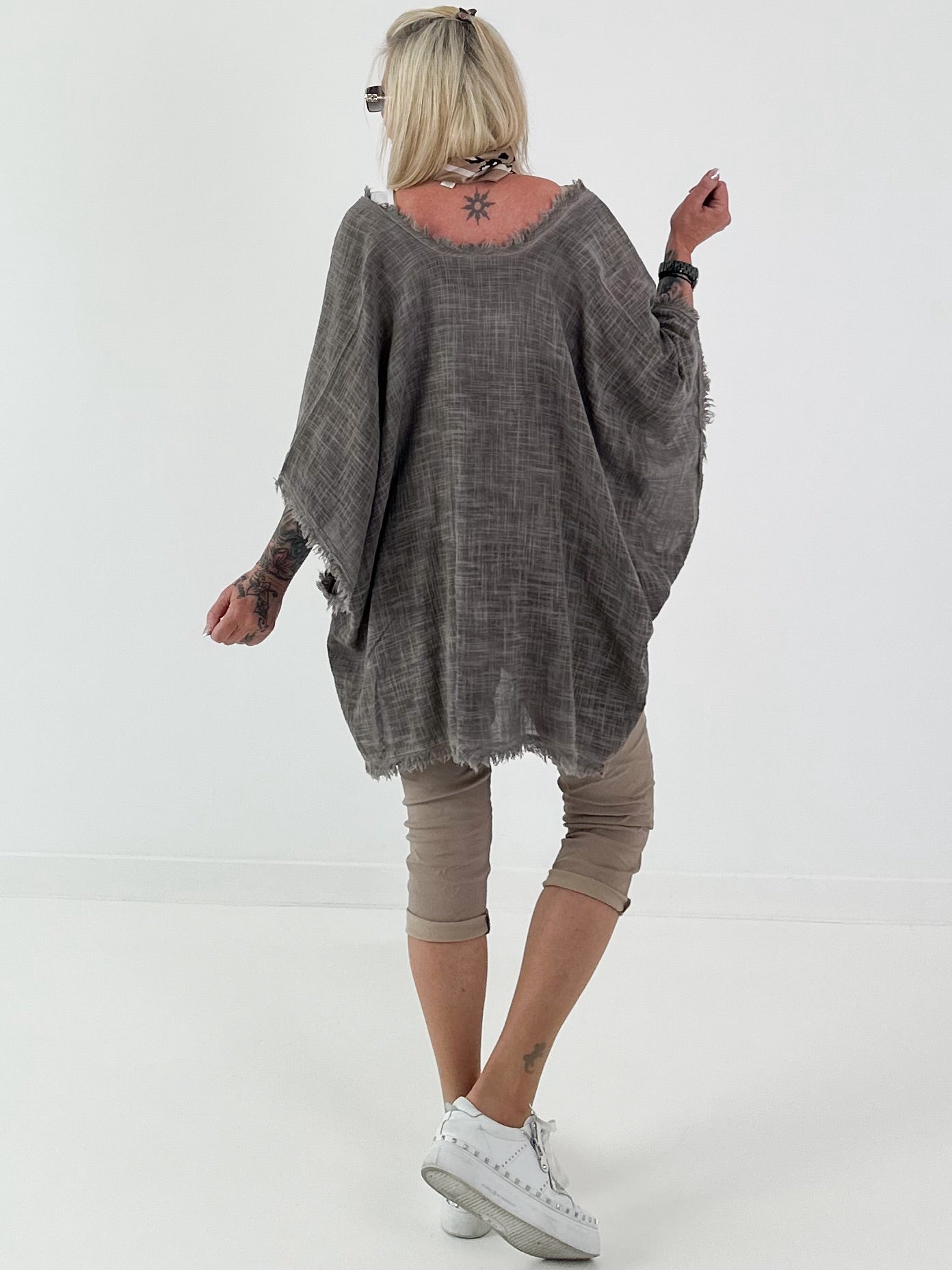 Leinen Poncho Jacke - taupe