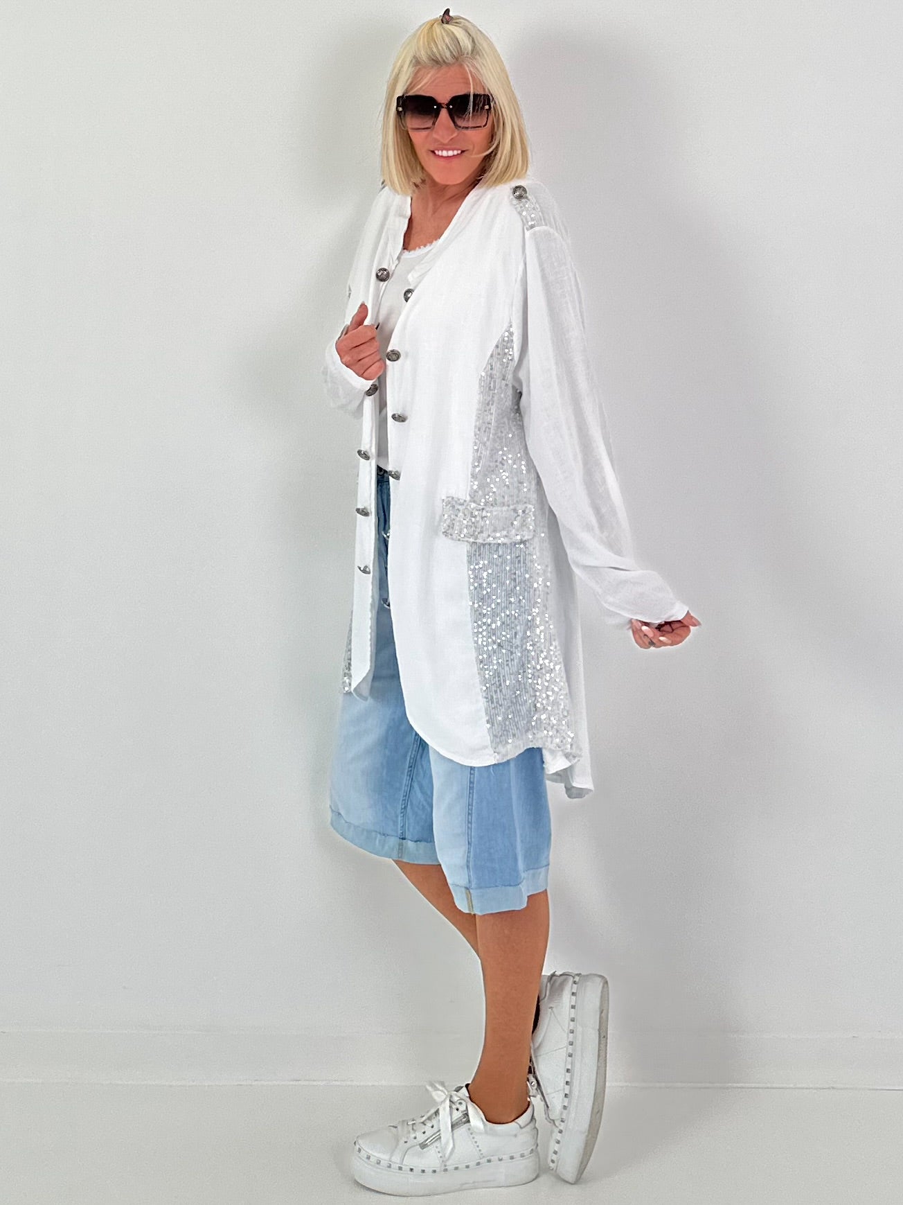 Oversized Leinen-Military Blazer - weiss