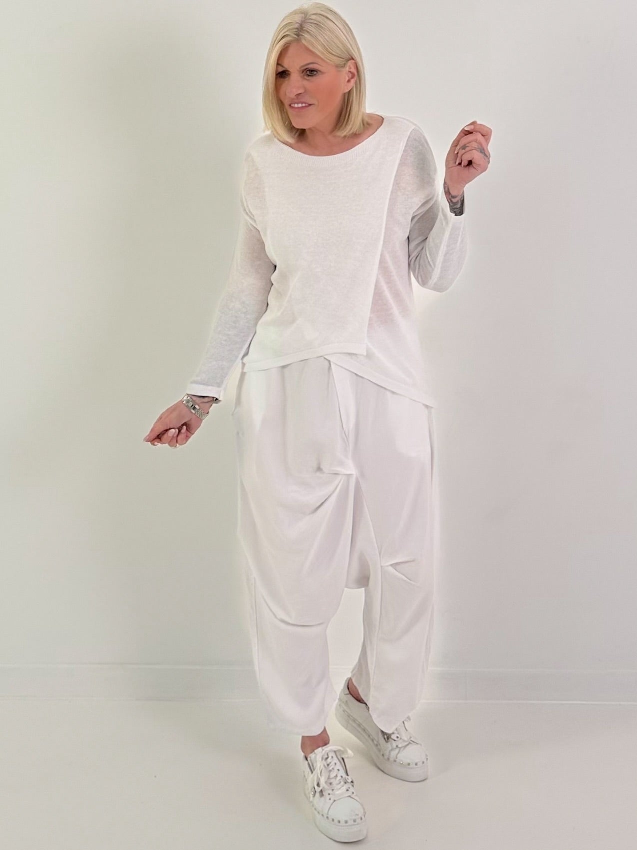 Leichter Feinstrick Pulli im Layer-Look - weiss