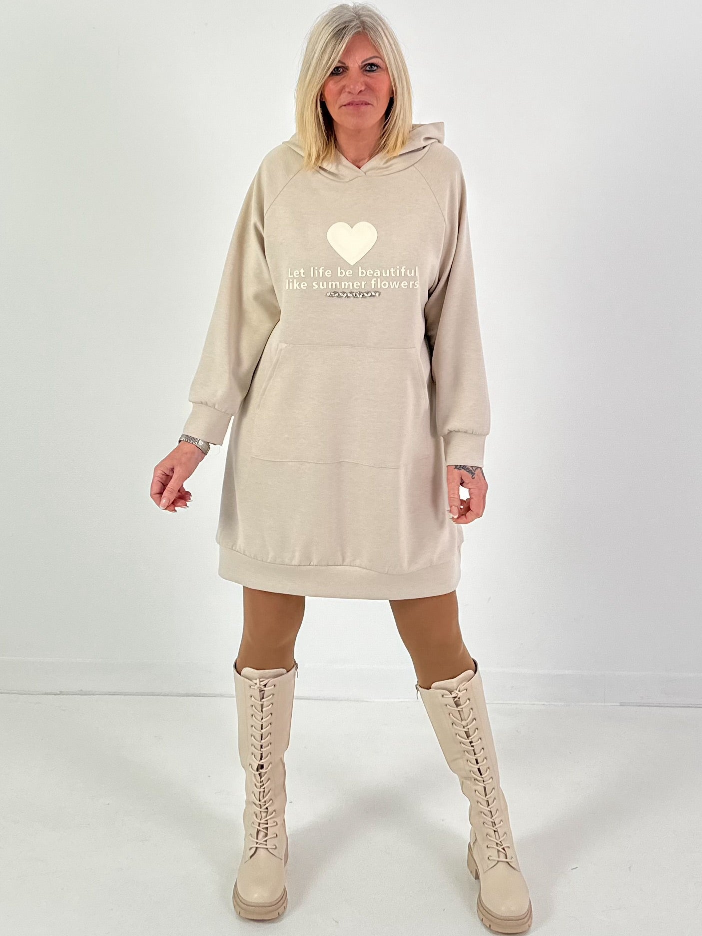 Long Hoodie/Kleid Modell "Let Life be beautiful" - beige