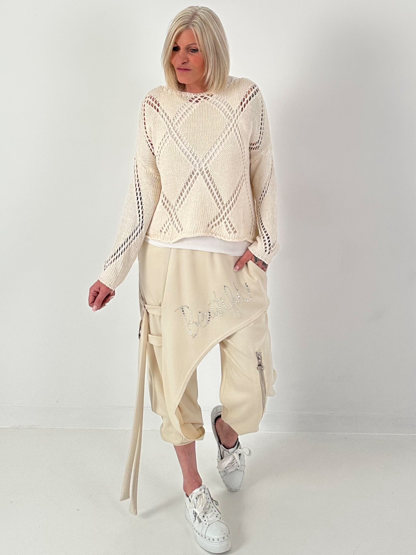 Häkelpulli mit Rautenmuster - beige