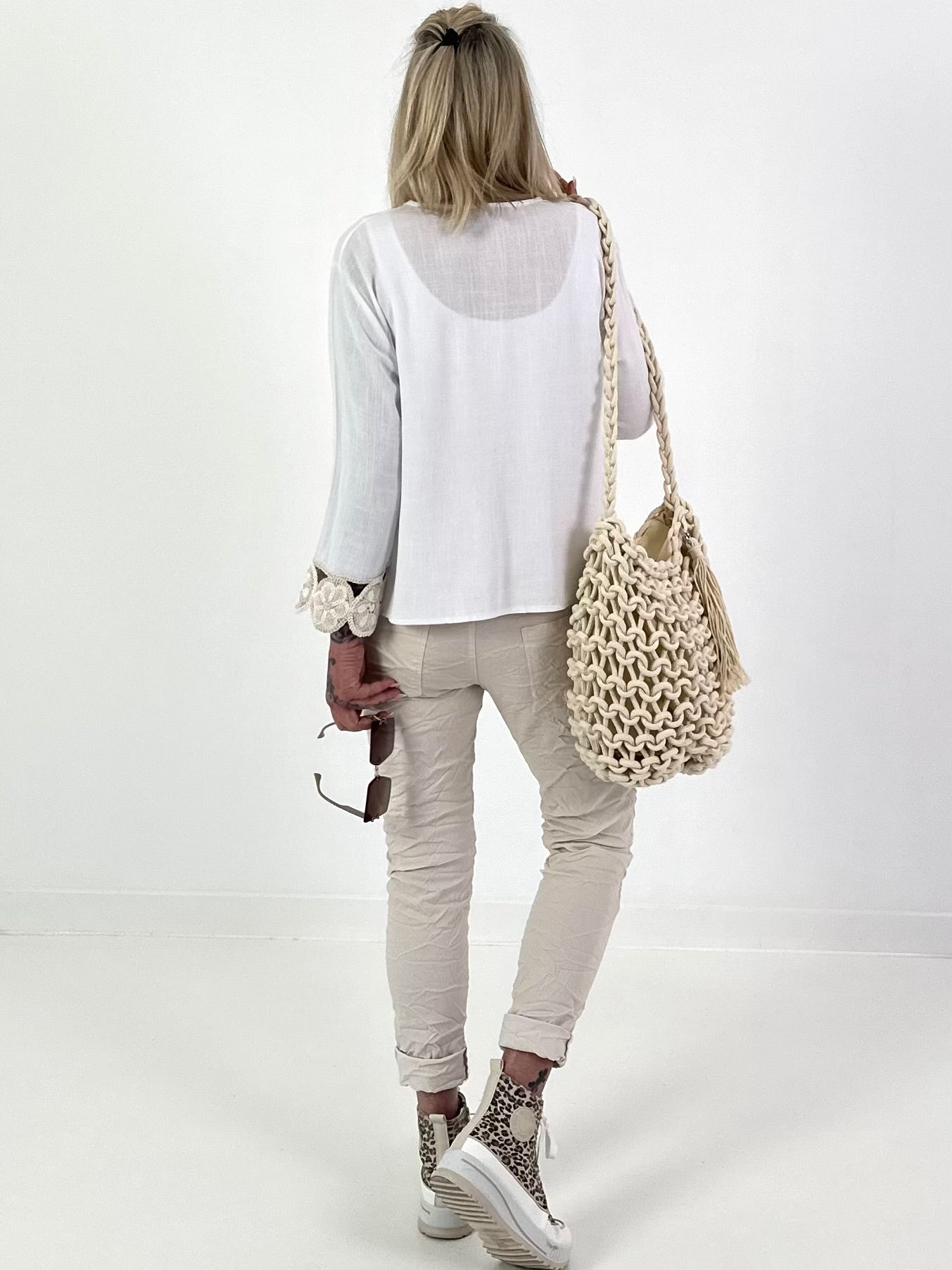 Boho Linen Jacket with Crochet Cuffs - White