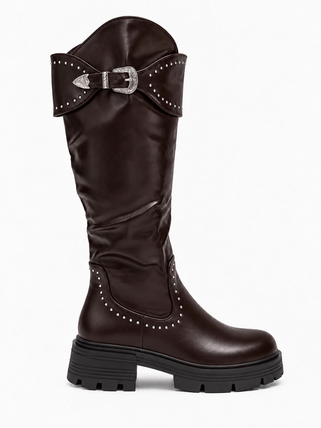 Statement-Stiefel in Lederoptik mit Nieten - mokka