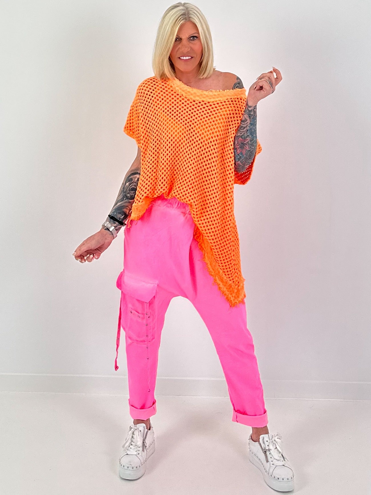 Häkelshirt mit Fransen asymmetrisch - neonorange