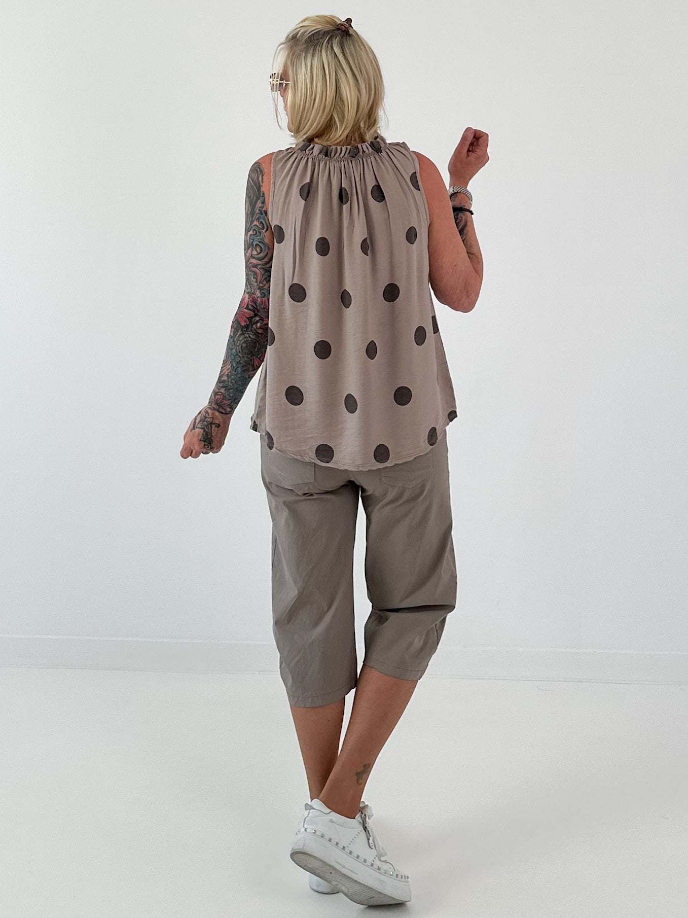 Striped top with ruffled collar - taupe-dark brown
