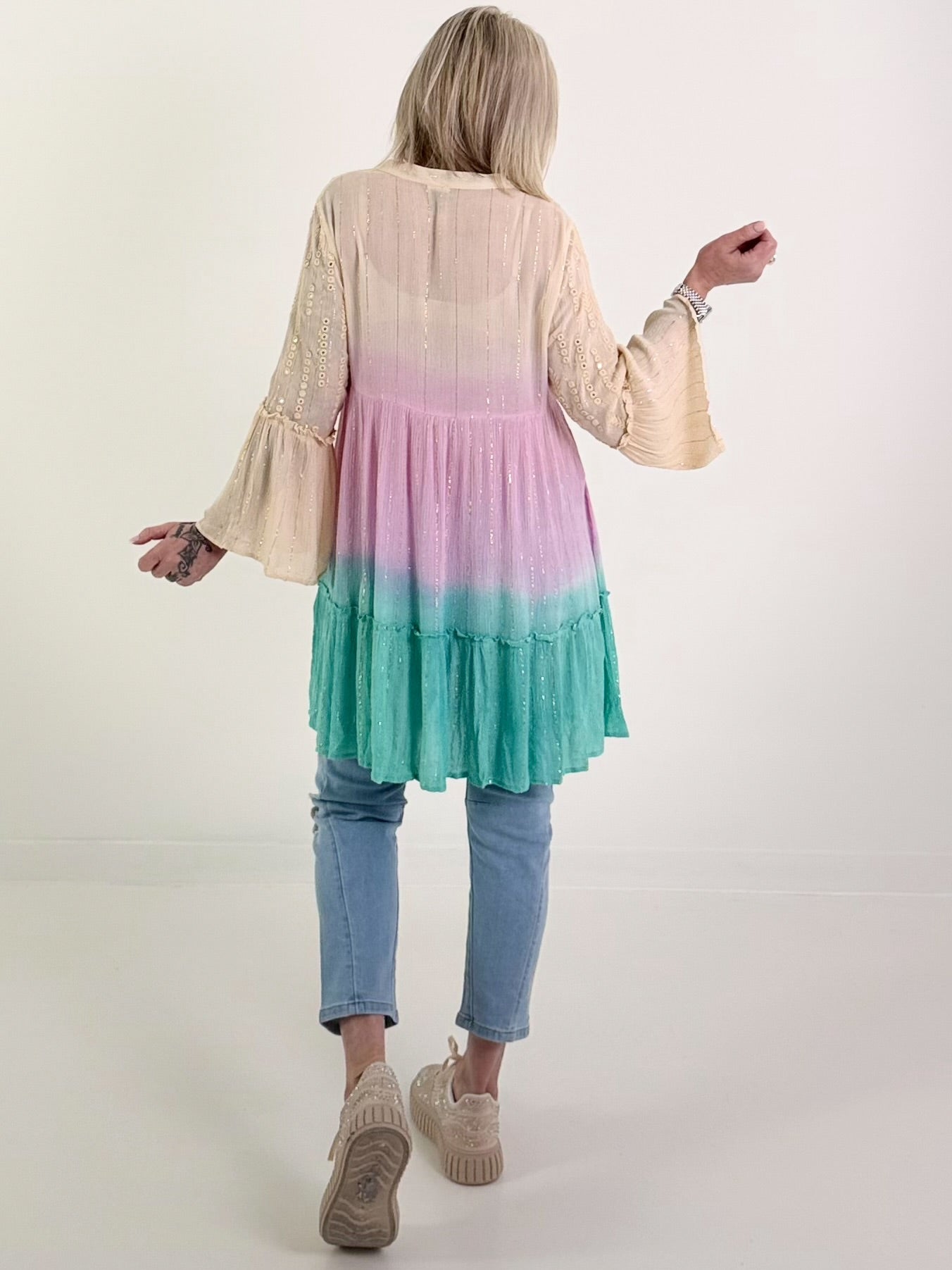 Ibiza Tunika/Kleid mit Lurexnähten - beige-rosa-türkis