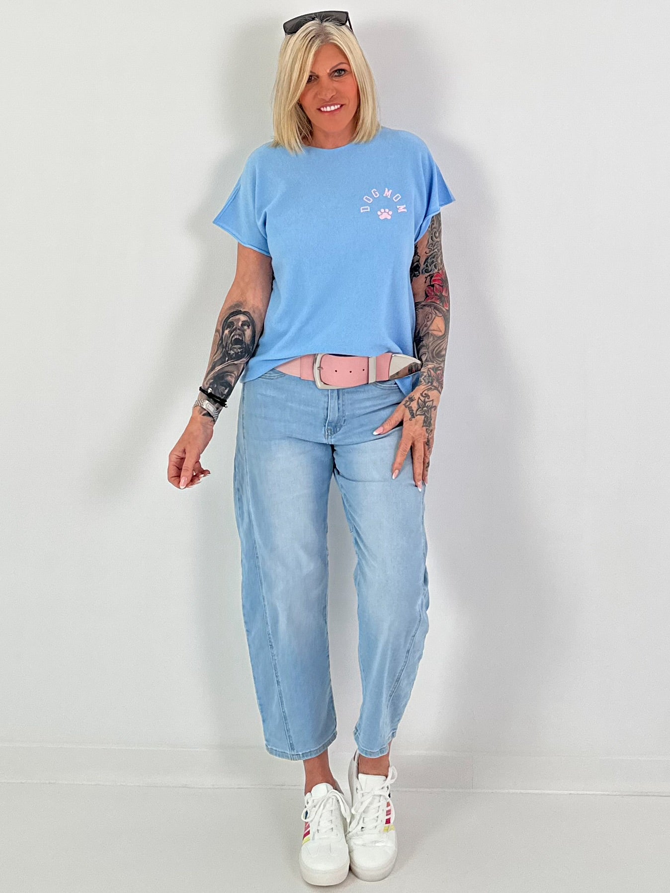 Fine Knit Shirt Dog Mom - light blue