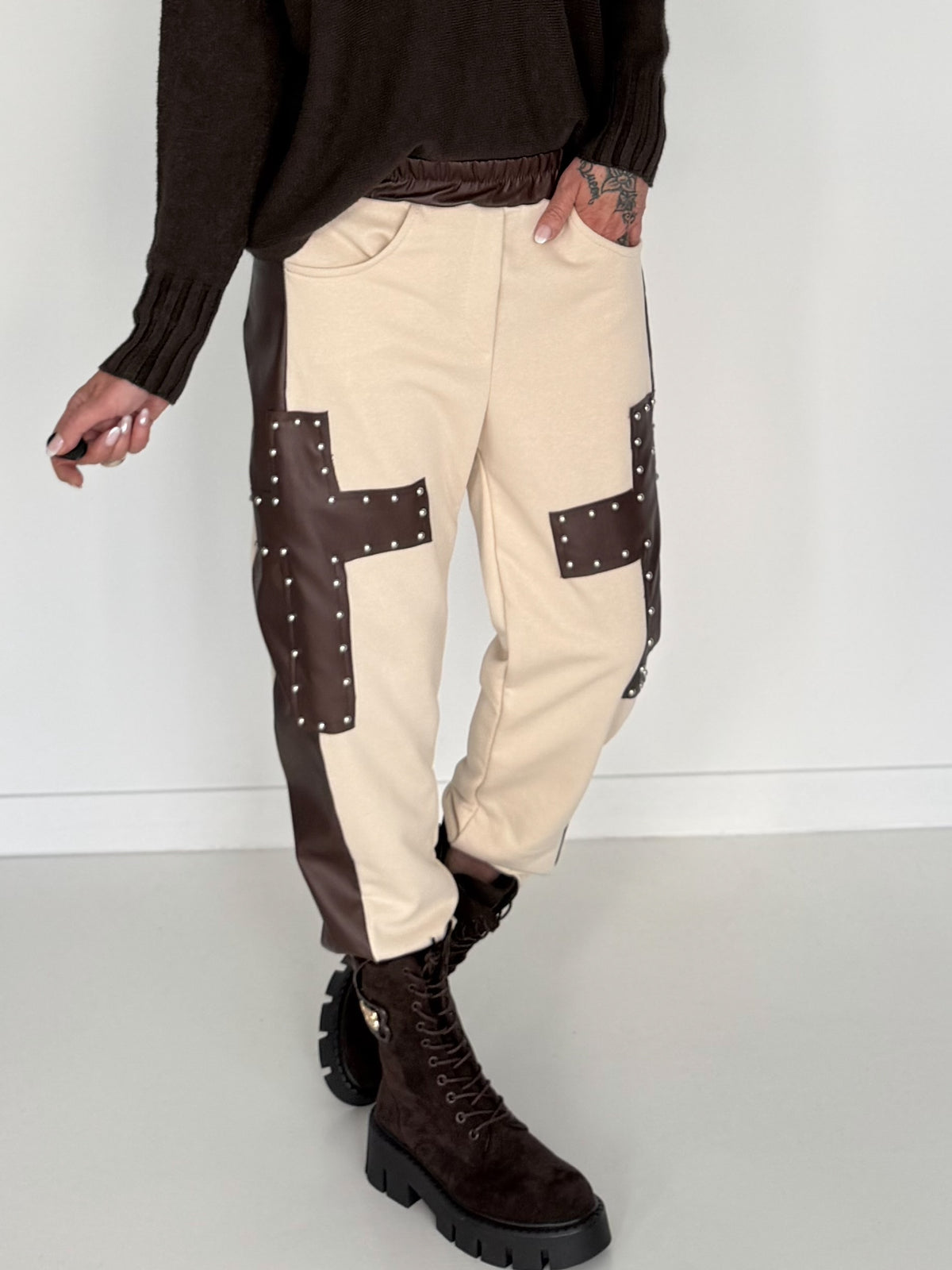Sweathose im Materialmix - beige-mokka