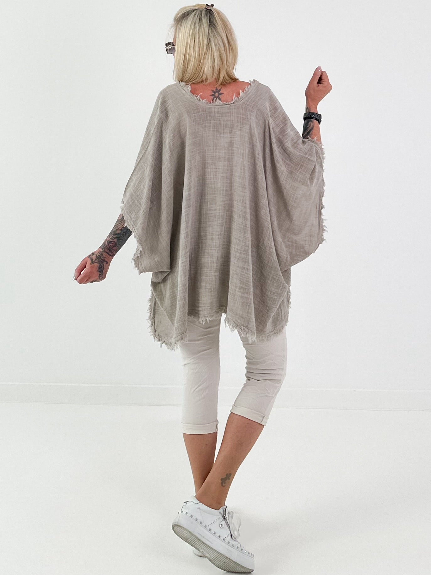 Leinen Poncho Jacke - beige