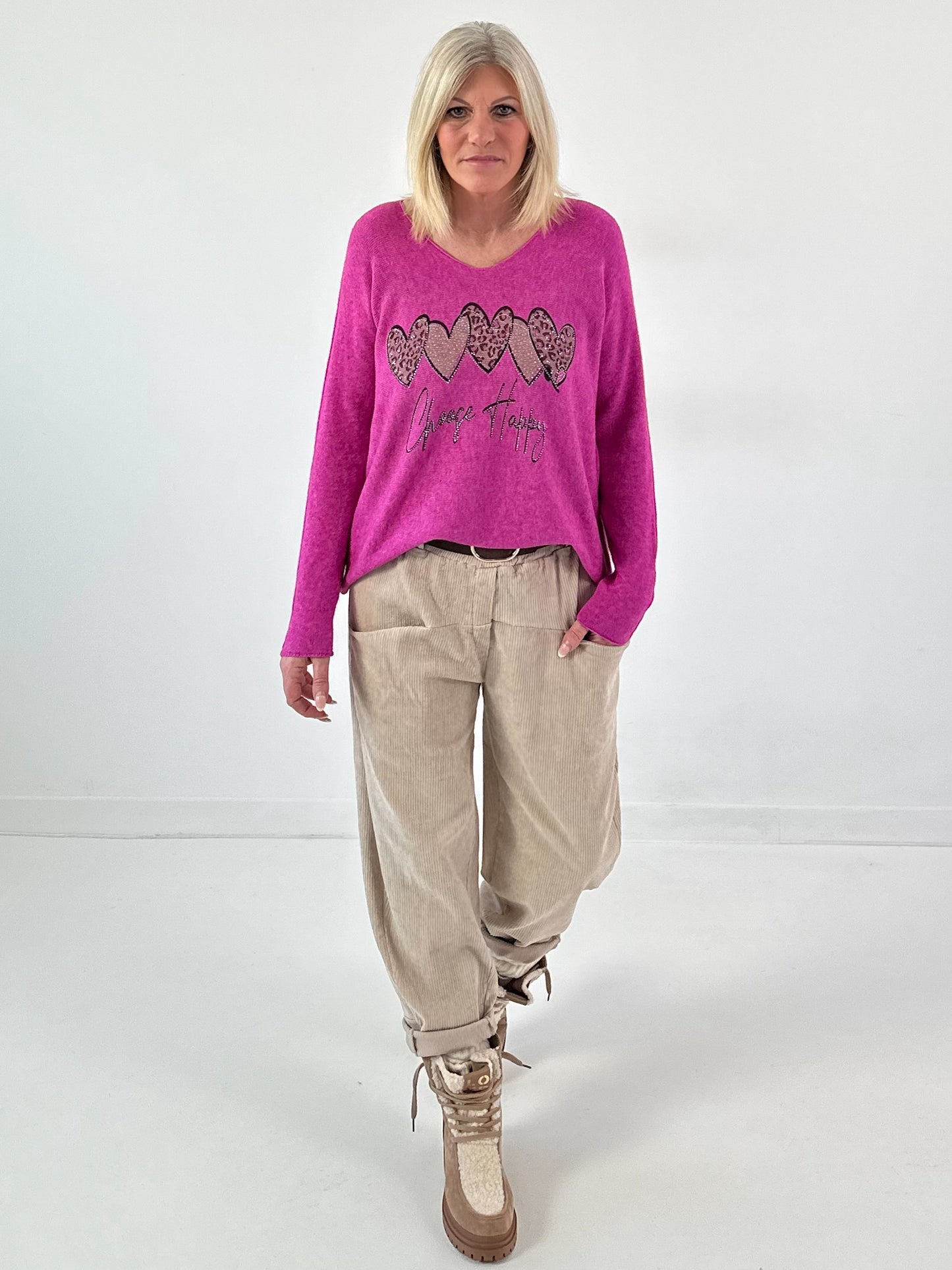 V-hals trui model "Choose Happy" - roze