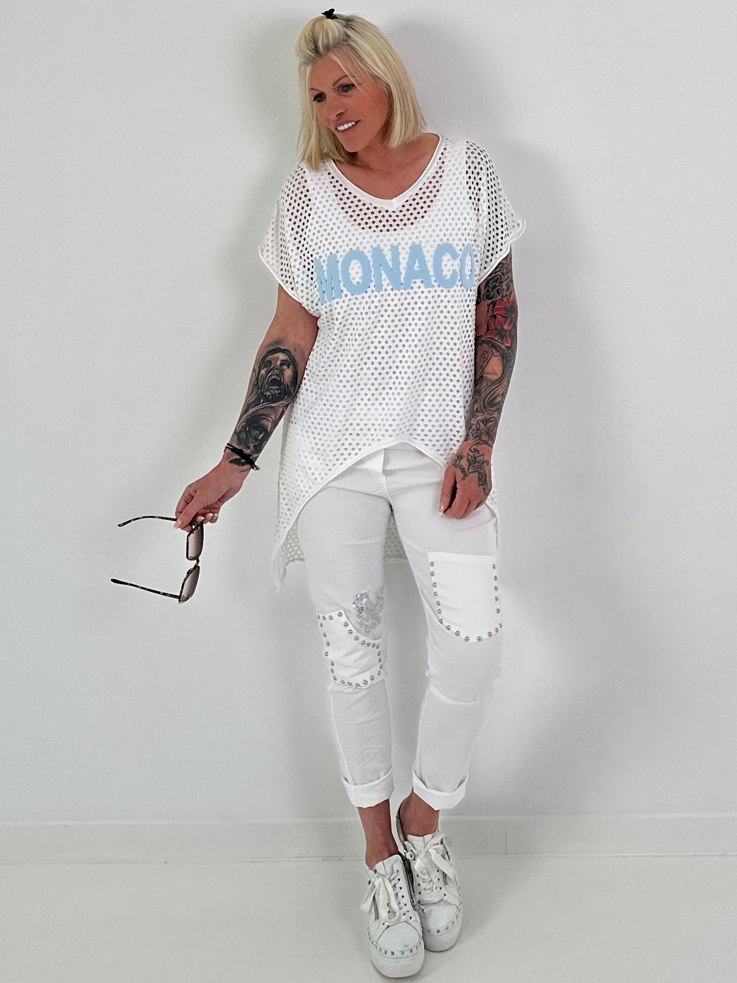 Hose mit Nieten und Paillettendetails - weiss