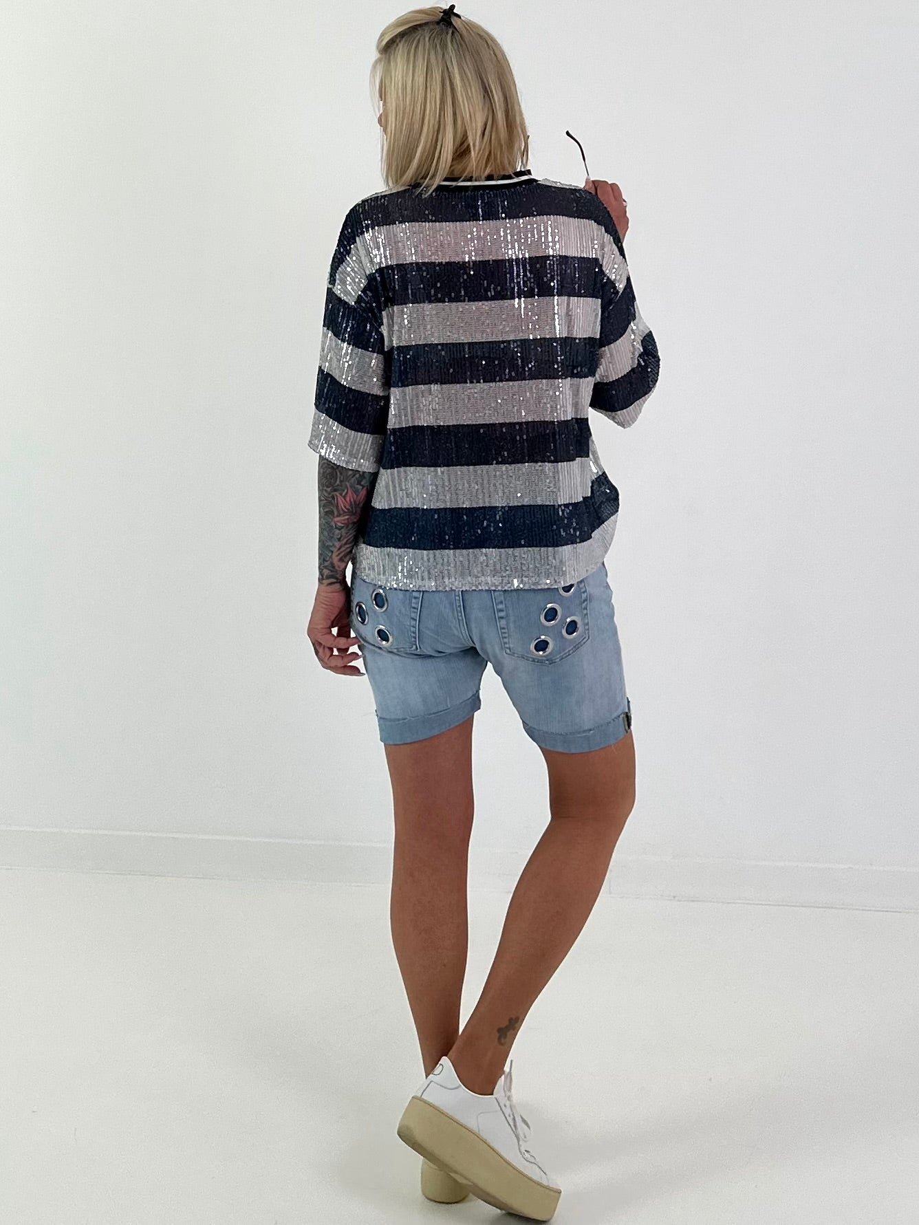 Pailletten Shirt mit Streifen - nachtblau-silber