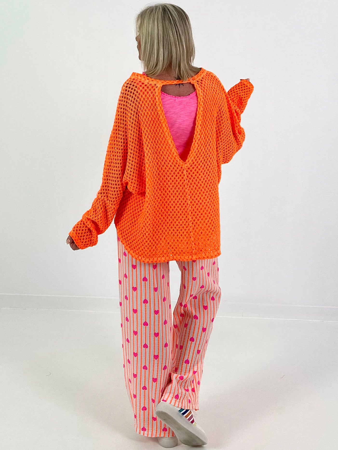 Crochet sweater with back cut-out - neon orange