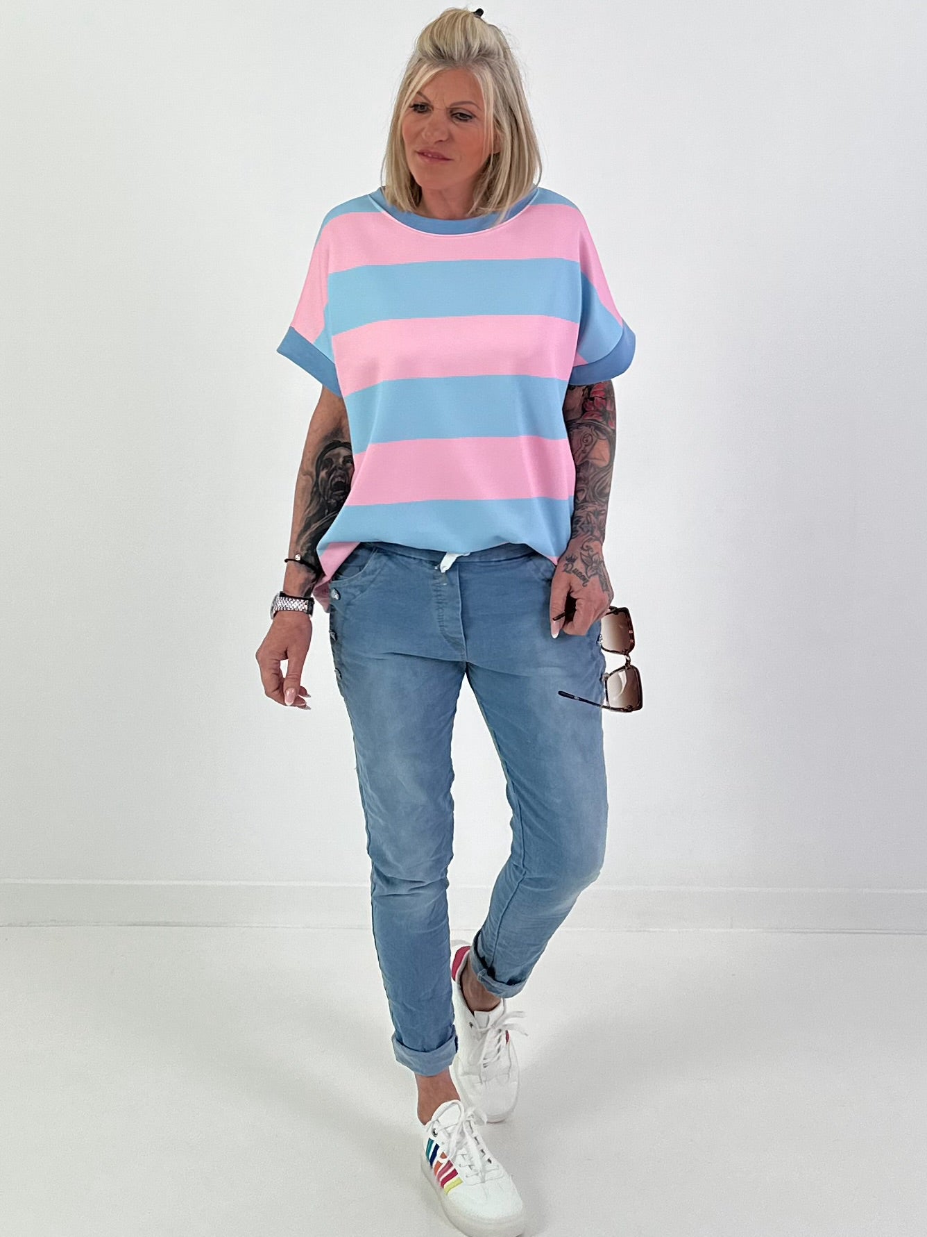 Striped Sweat T-Shirt - light blue-pink