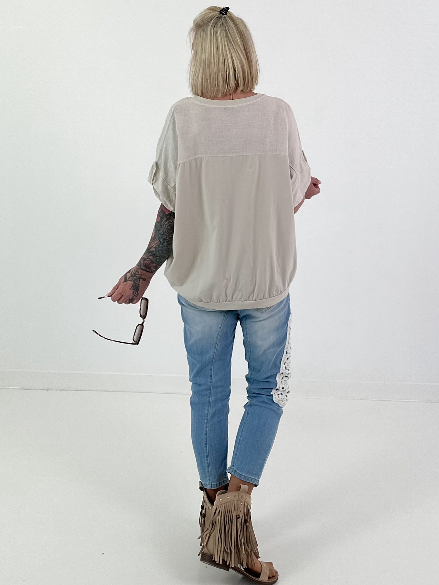 Linen shirt with crocheted floral appliqués - beige