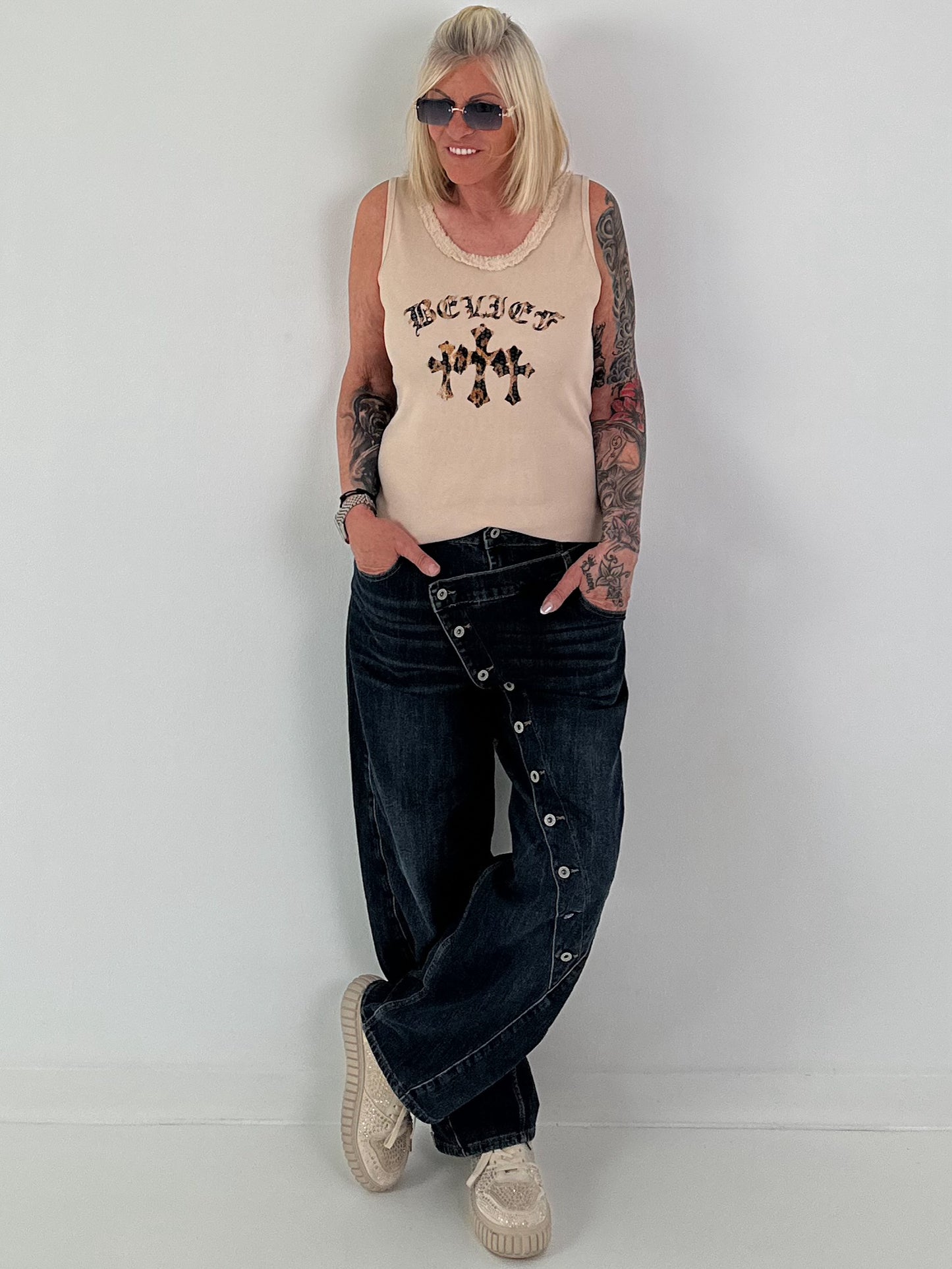 Ribbed Tank Top with Print - beige