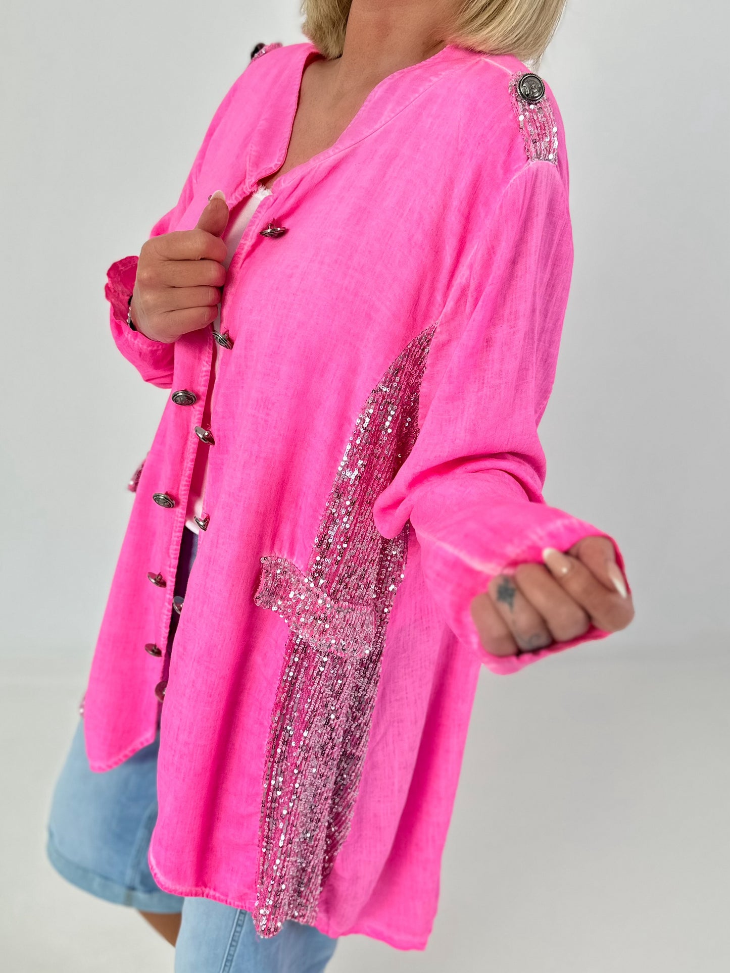 Oversized Linen Military Blazer - neon pink