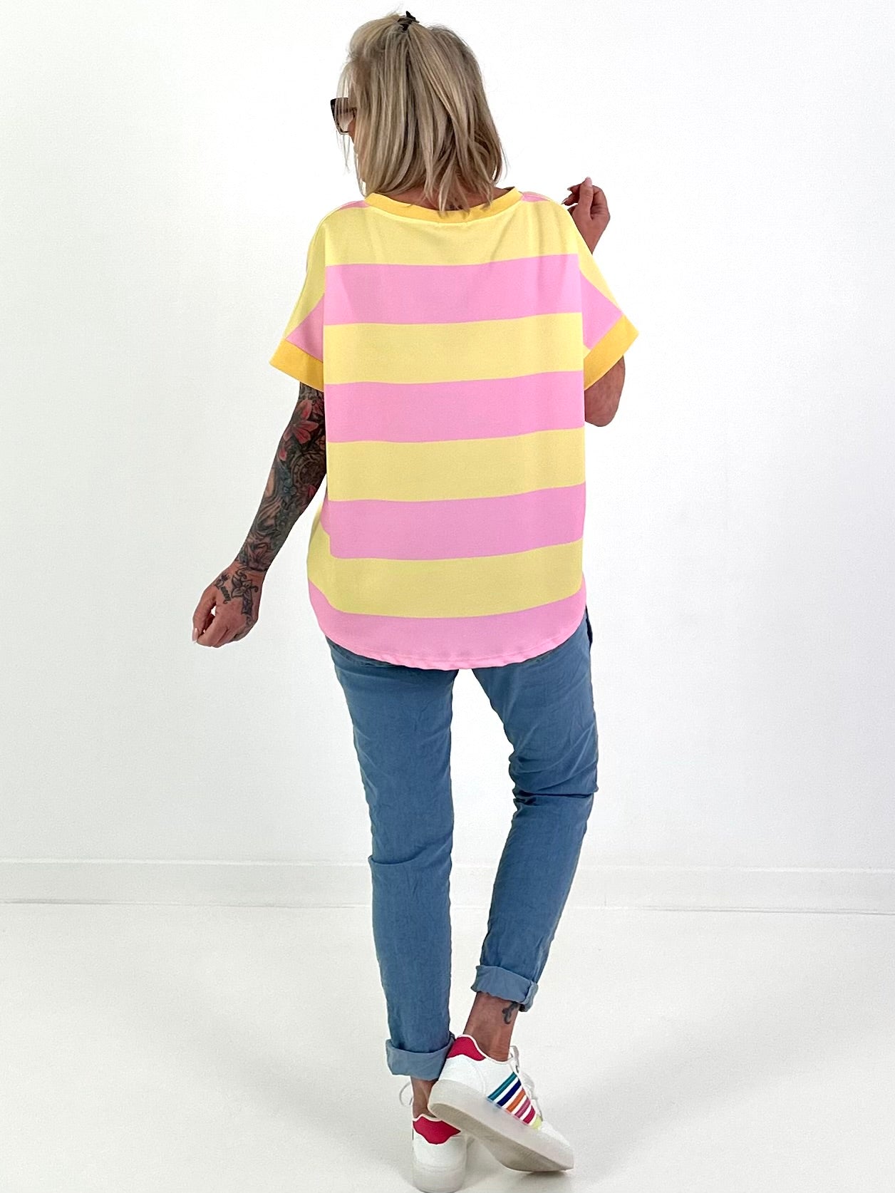 Sweat T-Shirt mit Streifen - gelb-rosa