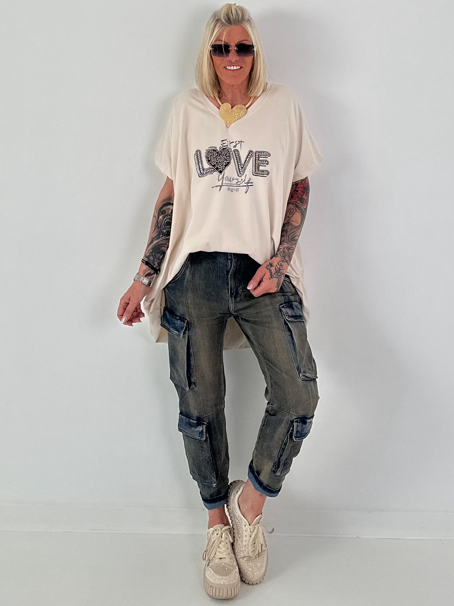 T-Shirt mit Strassdetail - beige