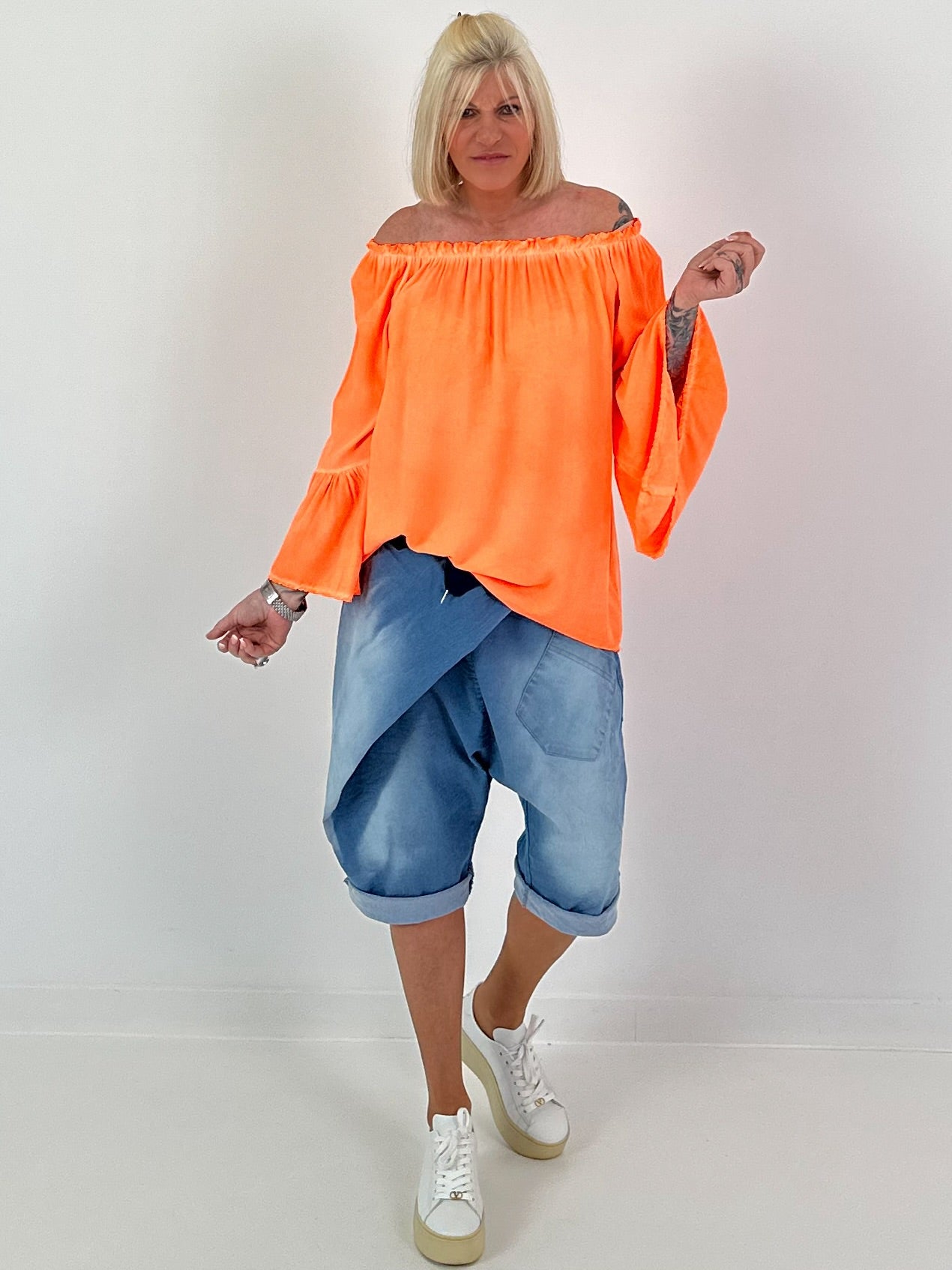 Tunic with gathered round neck and flounce sleeves - neon orange