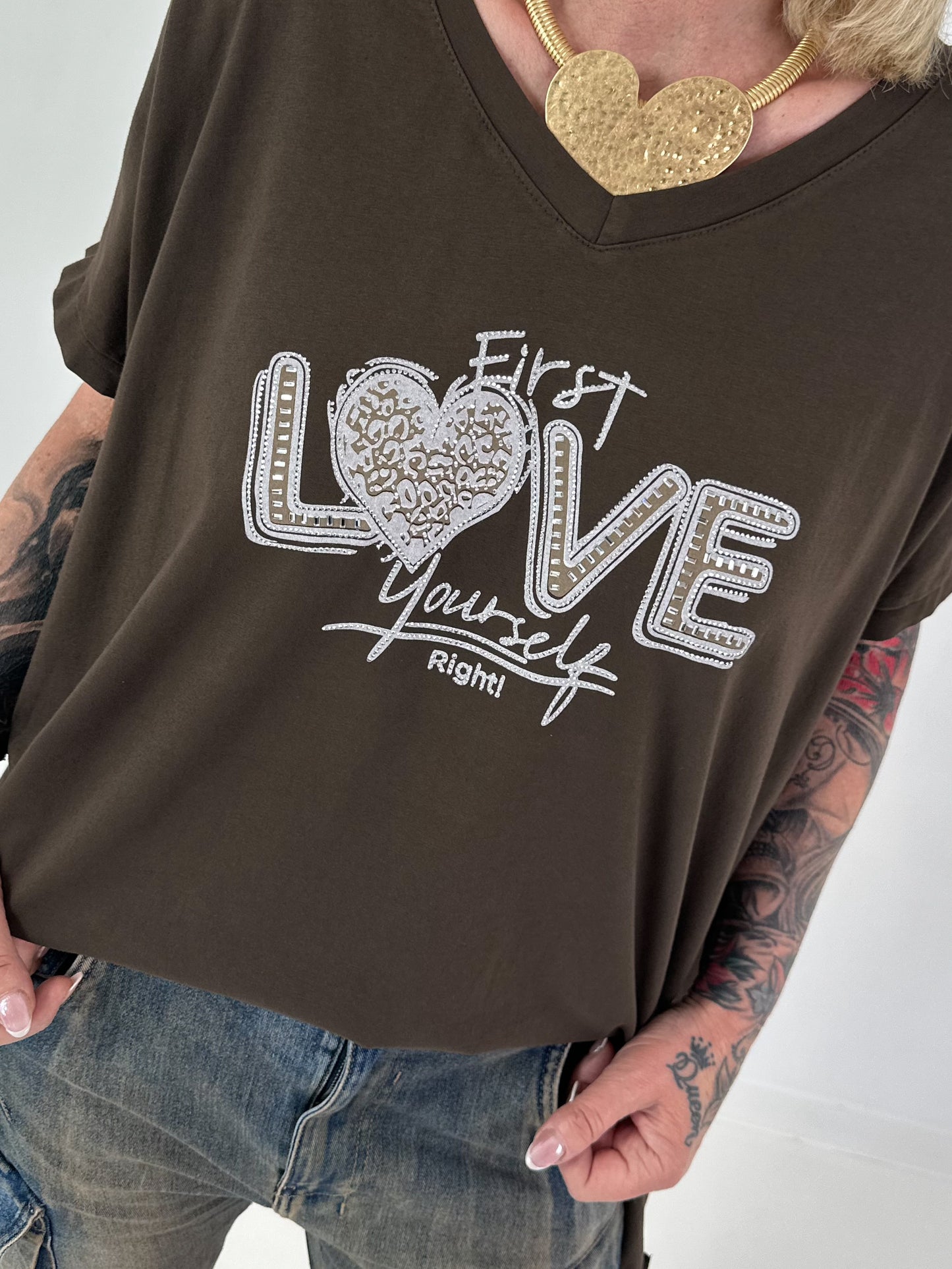 T-Shirt mit Strassdetail - mokka