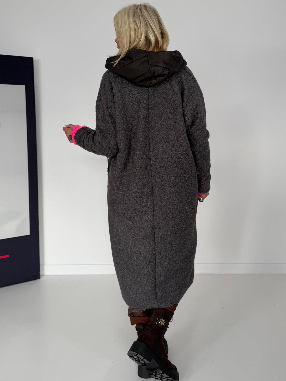 Coat in teddy curl look with neon accents - anthracite