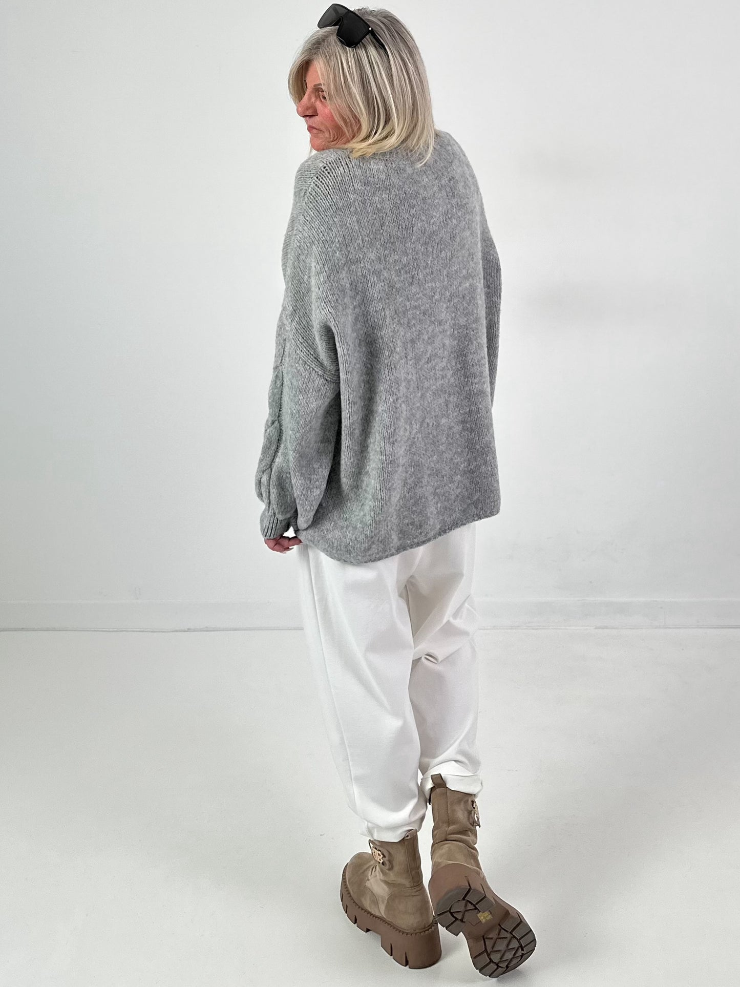 Casual cable-knit sweater, model "Pure Cable" - light grey