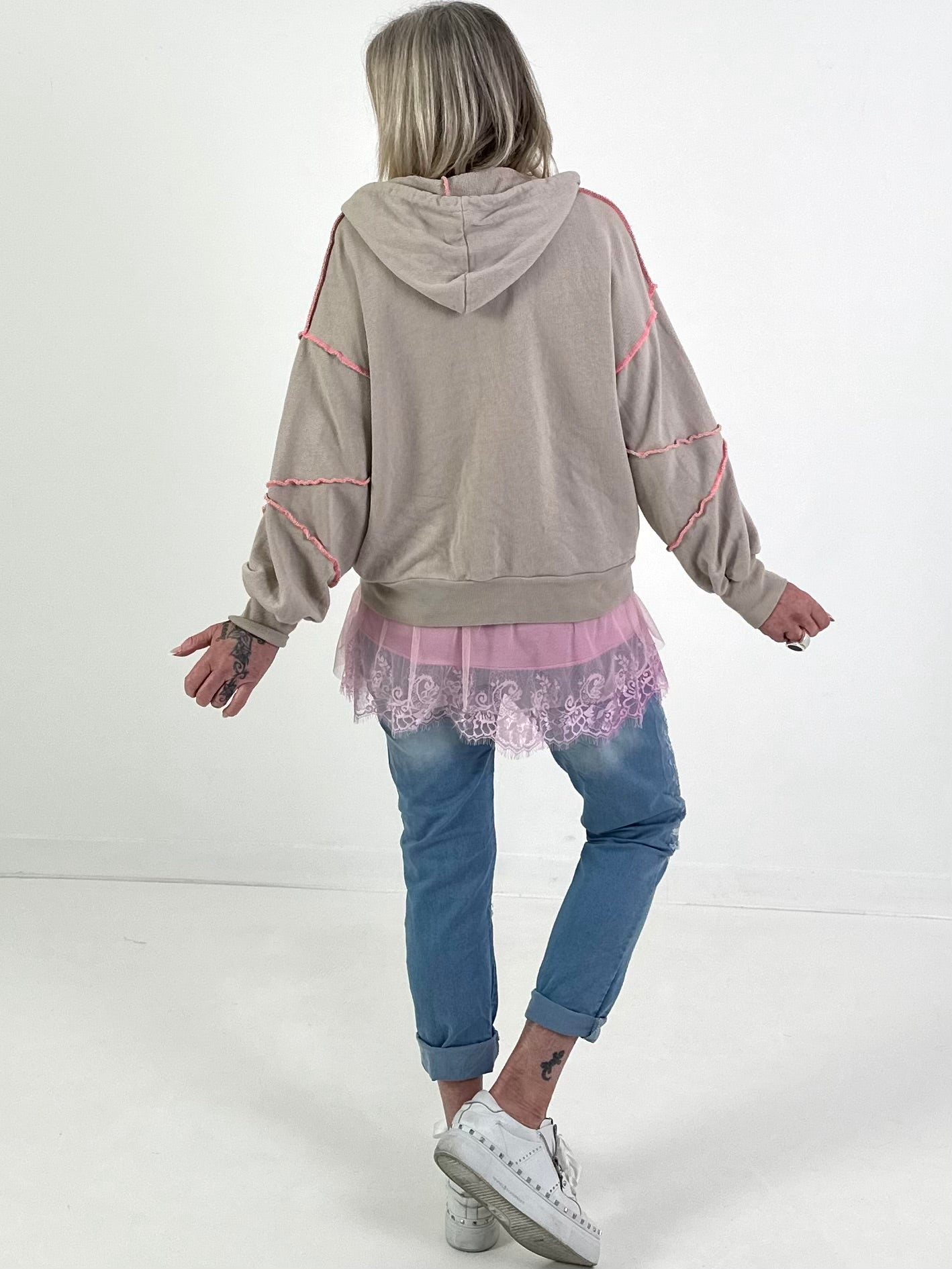 Sweatjacke mit Kontrastnähten - beige-pink