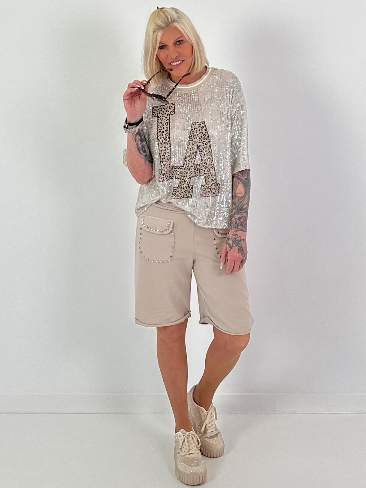 Pailletten Shirt LA - beige-silber