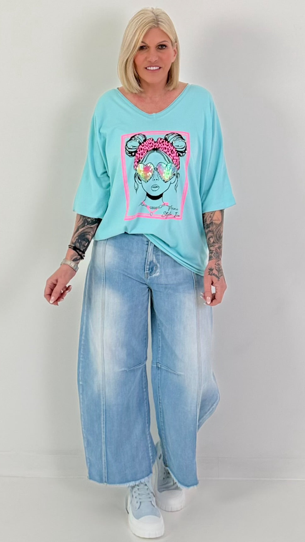 Oversized T-shirt met print op de voorkant - turquoise