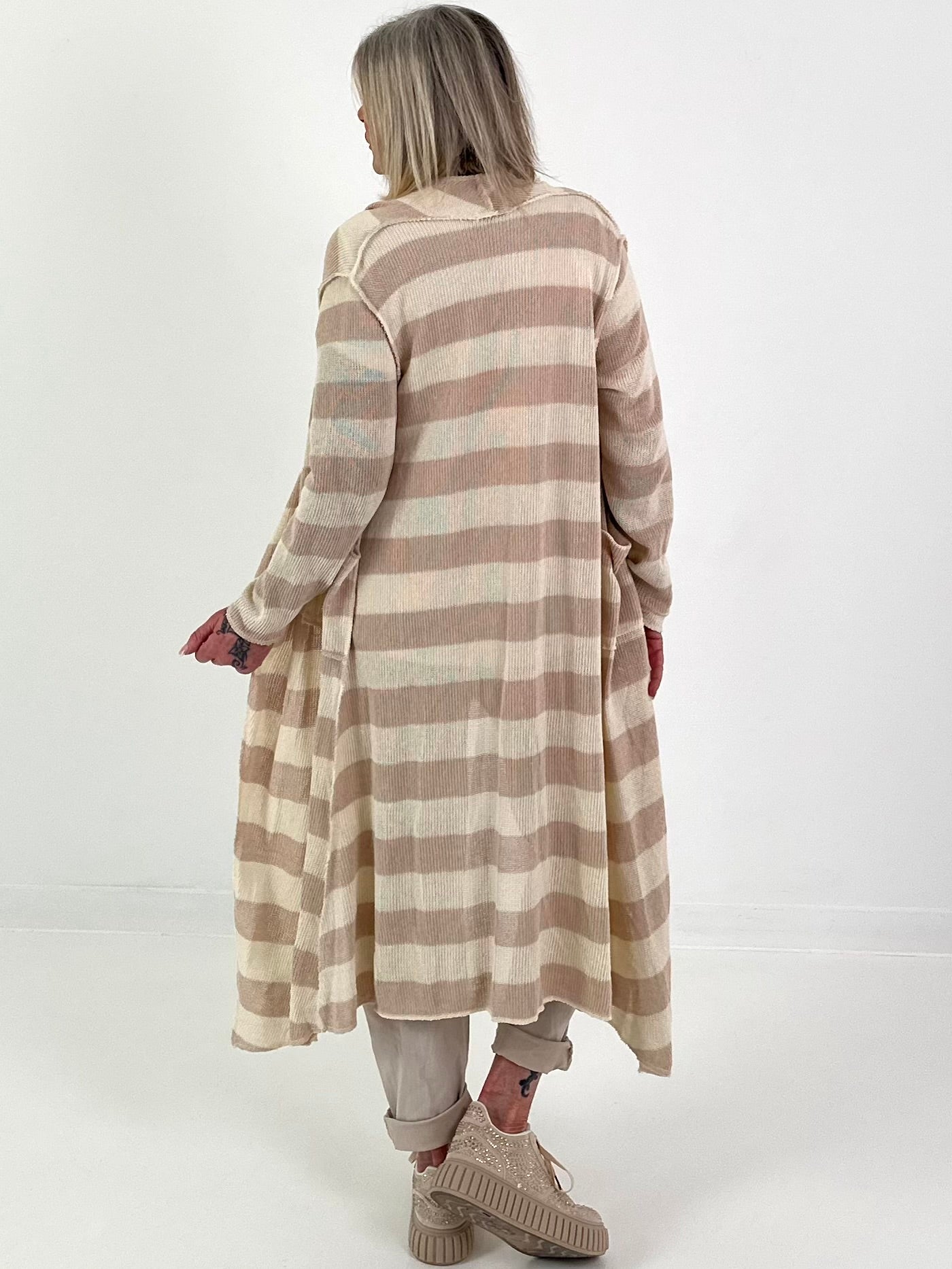 Cotton knit coat with stripes - beige-cream