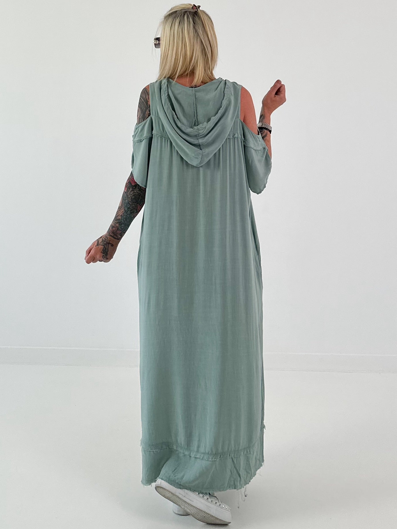 Dress with cold shoulder and hood - sage