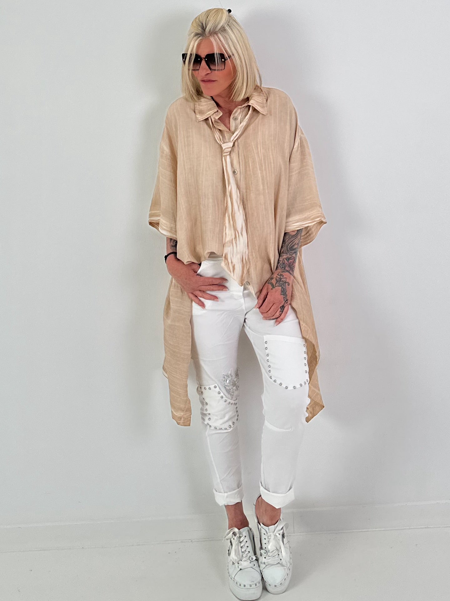 Oversized asymmetrical blouse with tie - sand