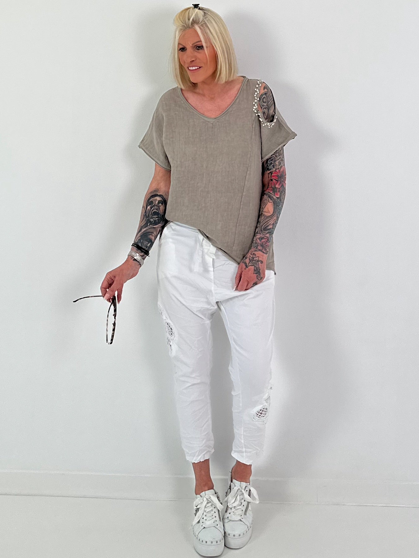 Linen Cut-Out Shirt - Taupe