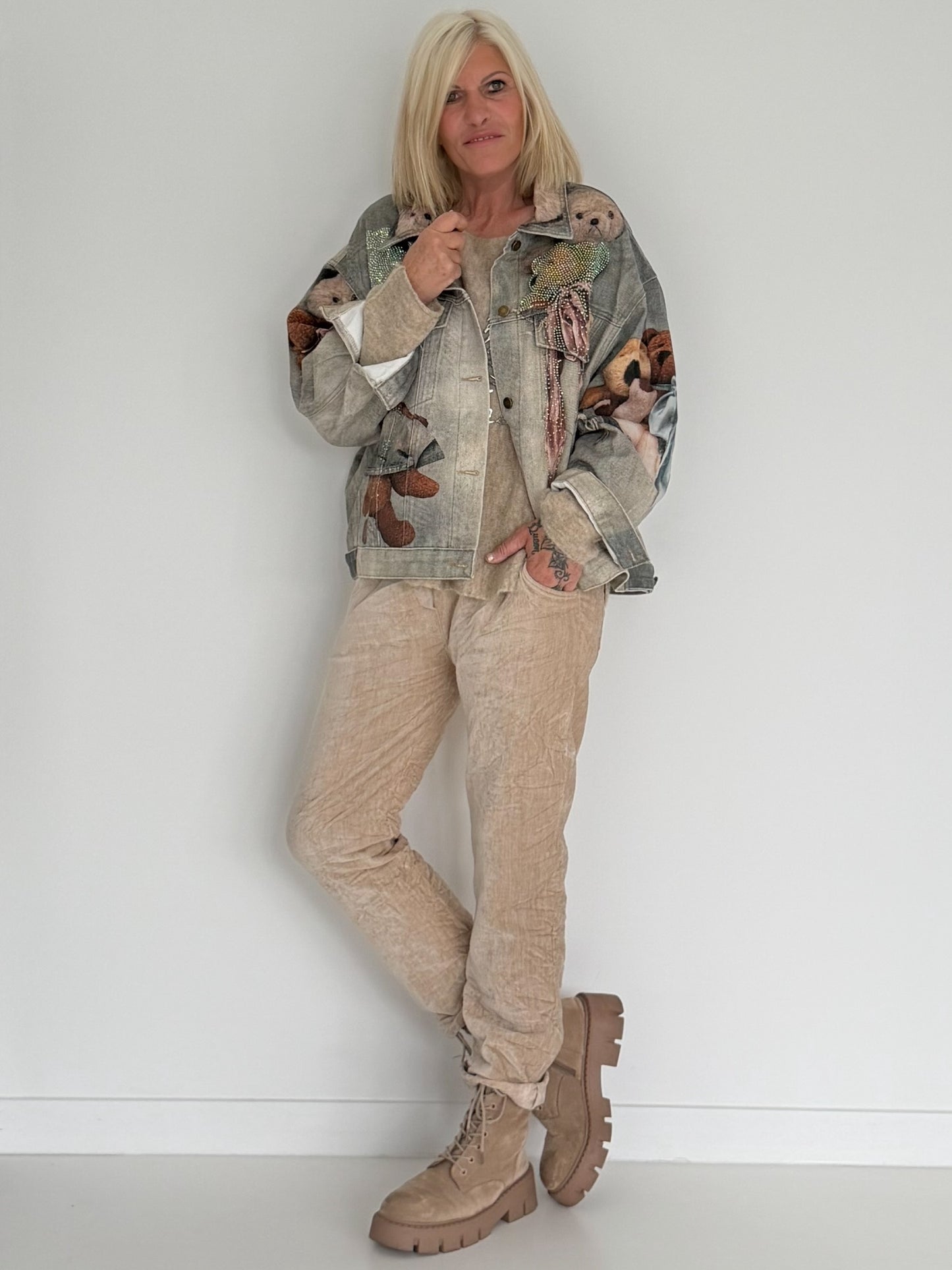Hose in Knit-Look mit elastischem Bund - beige