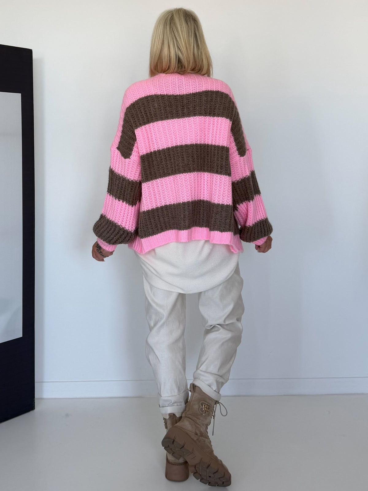 Strickjacke mit Blockstreifen - rosa-taupe