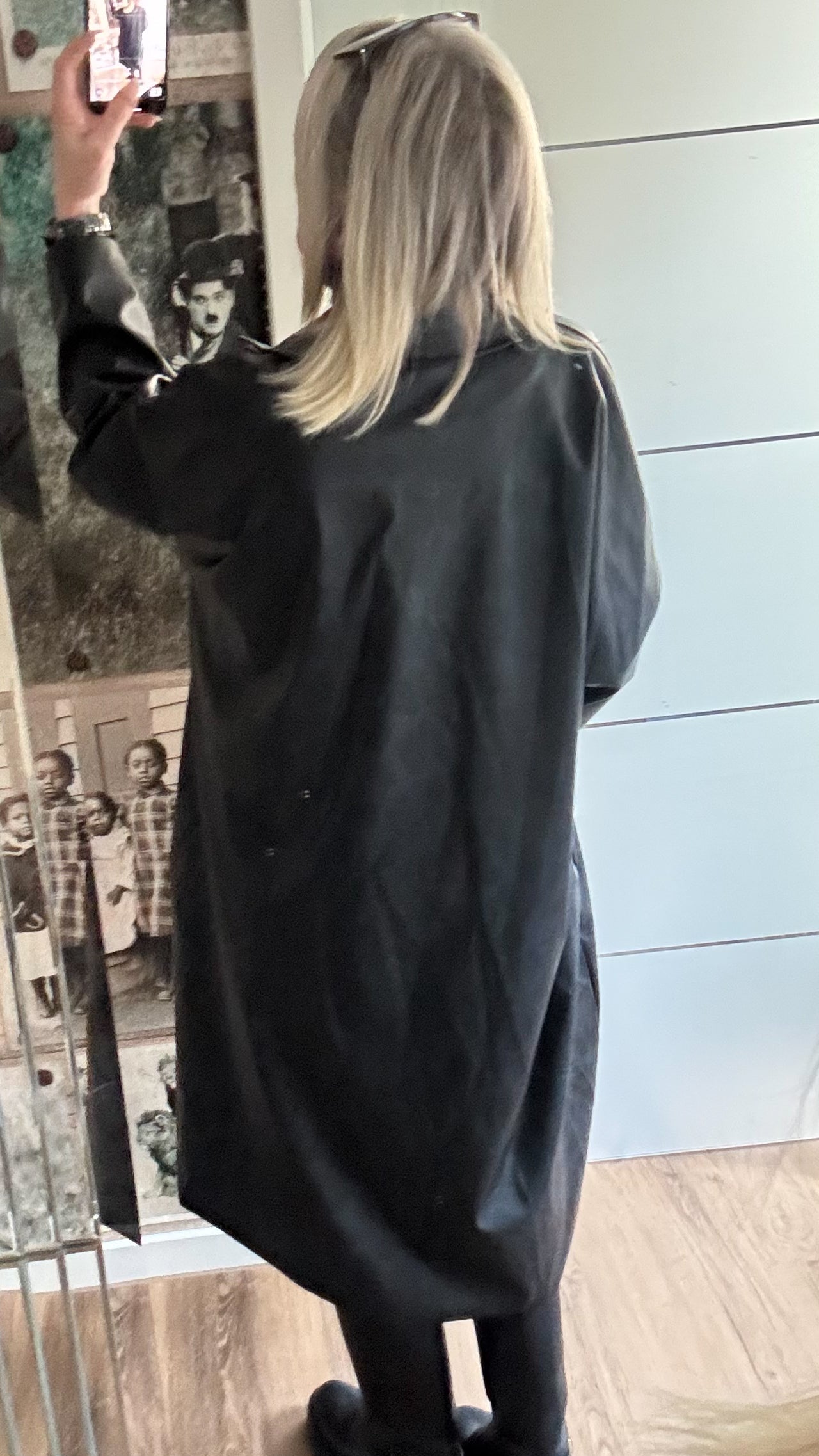 Leather-look oversized coat, model "Darkwave" - black-blue