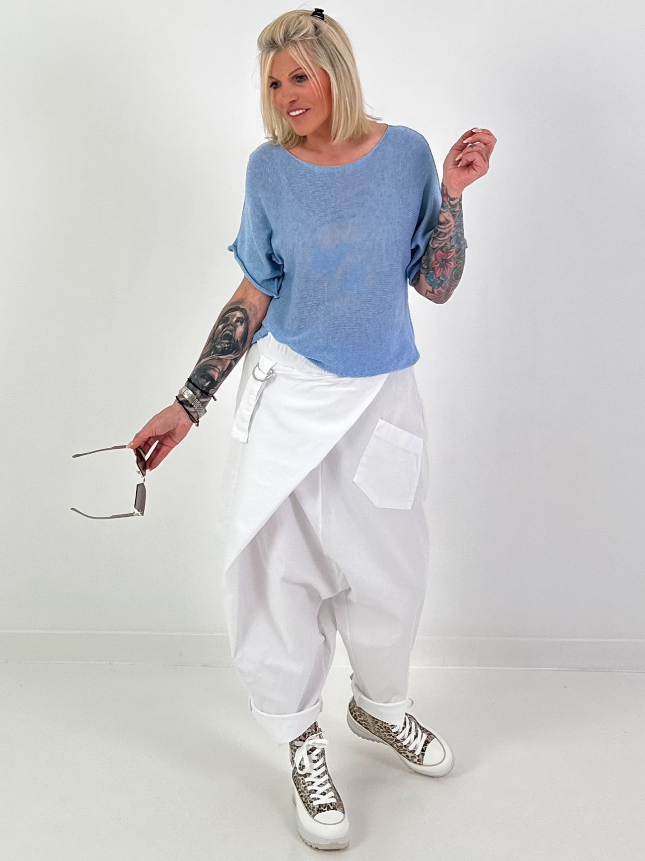 Sommerstrick Pullover mit kurzen Arm - hellblau