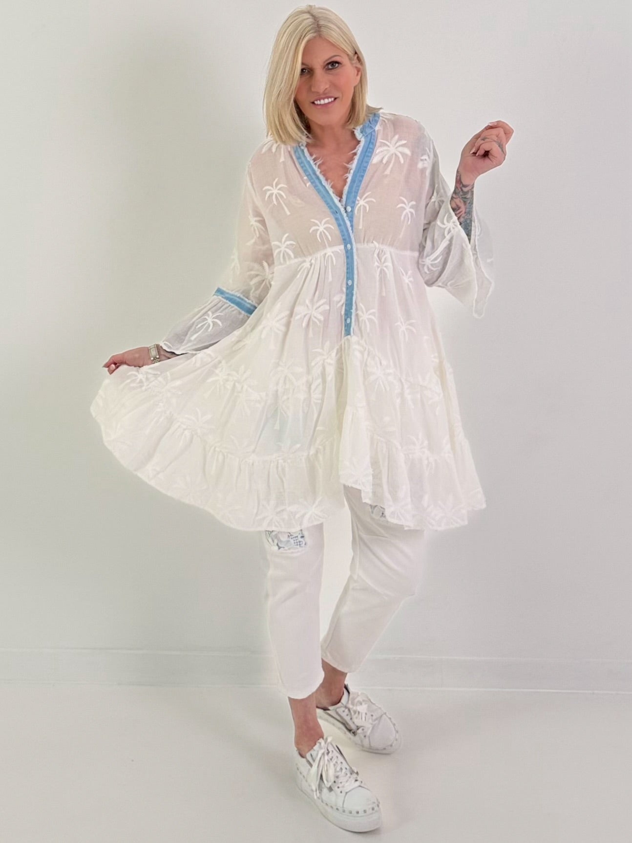 Tunika/Kleid mit Palmen-Elementen - weiss