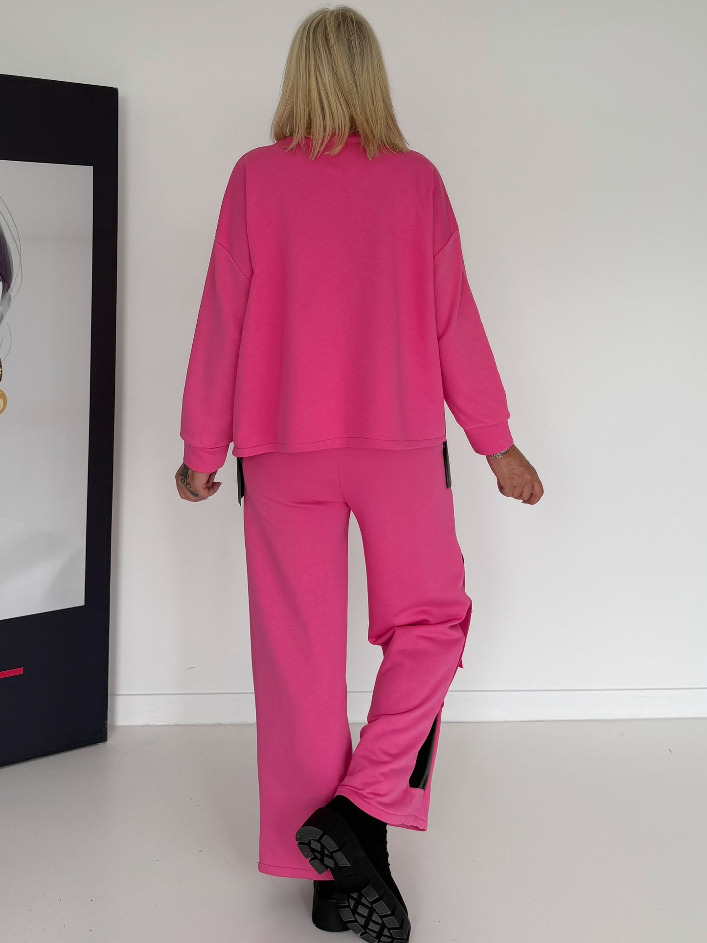 Stylischer Zweiteiler mit Lederoptik- und Kord-Details - pink