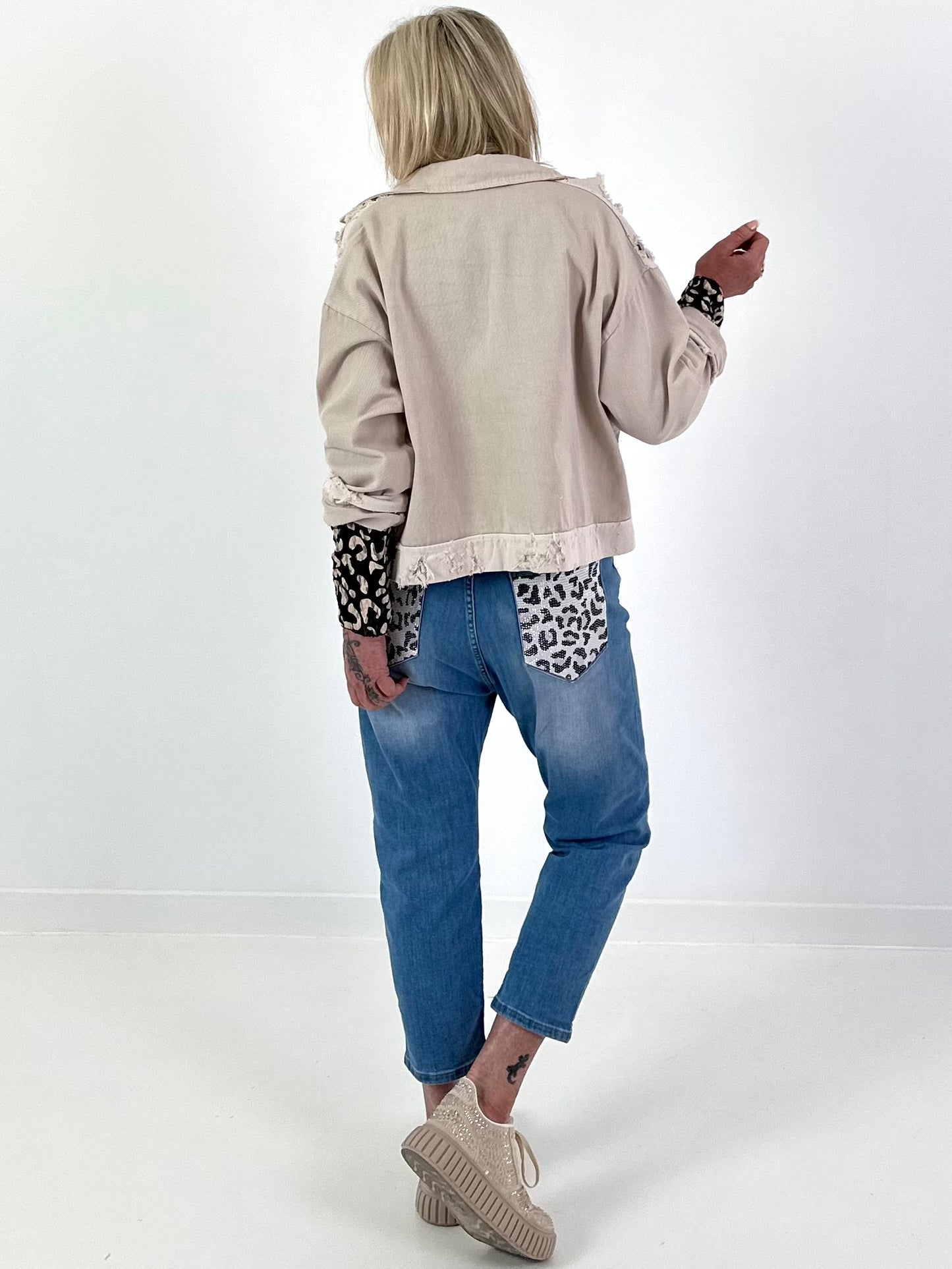 Distressed Denim Jacket - Beige