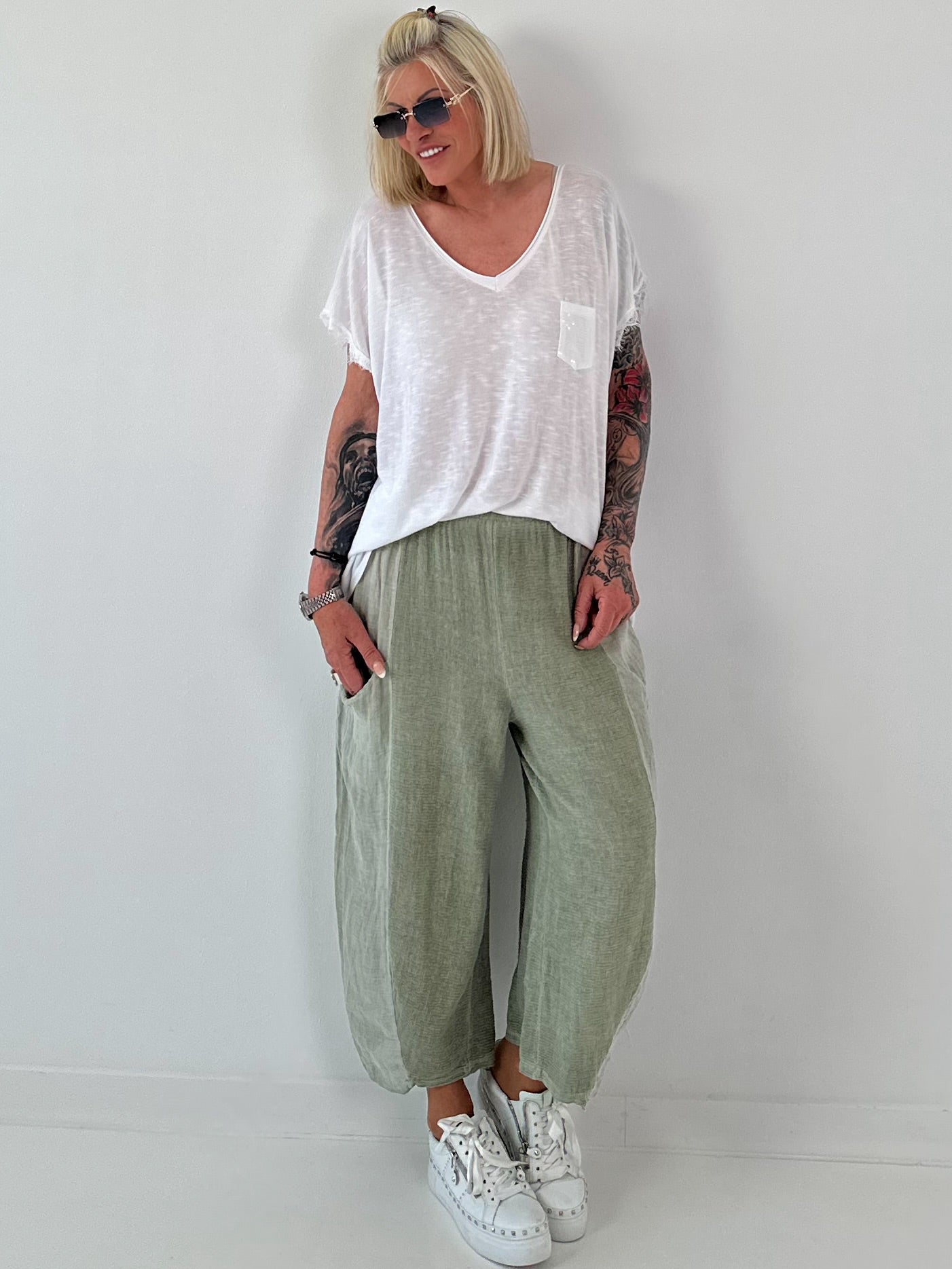 Balloon Linen Trousers with Fringe Details - taupe