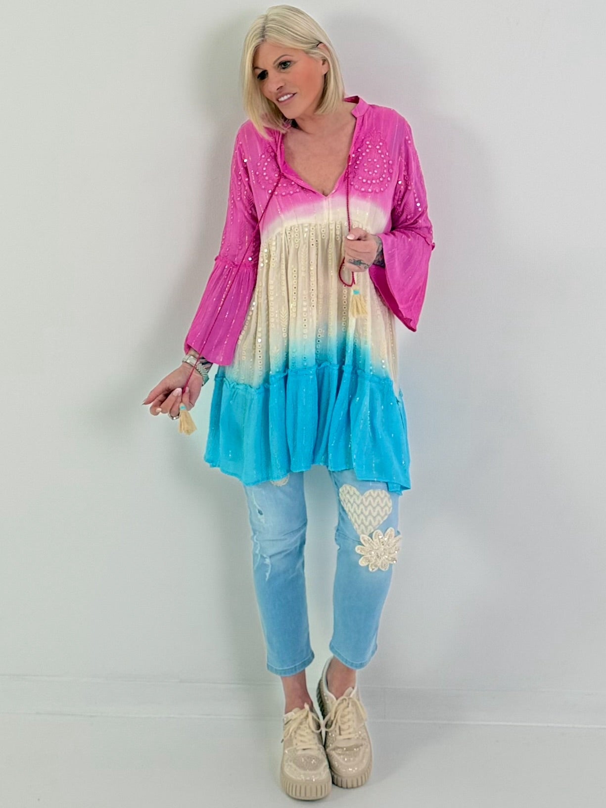 Ibiza Tunika/Kleid mit Lurexnähten - pink-beige-blau